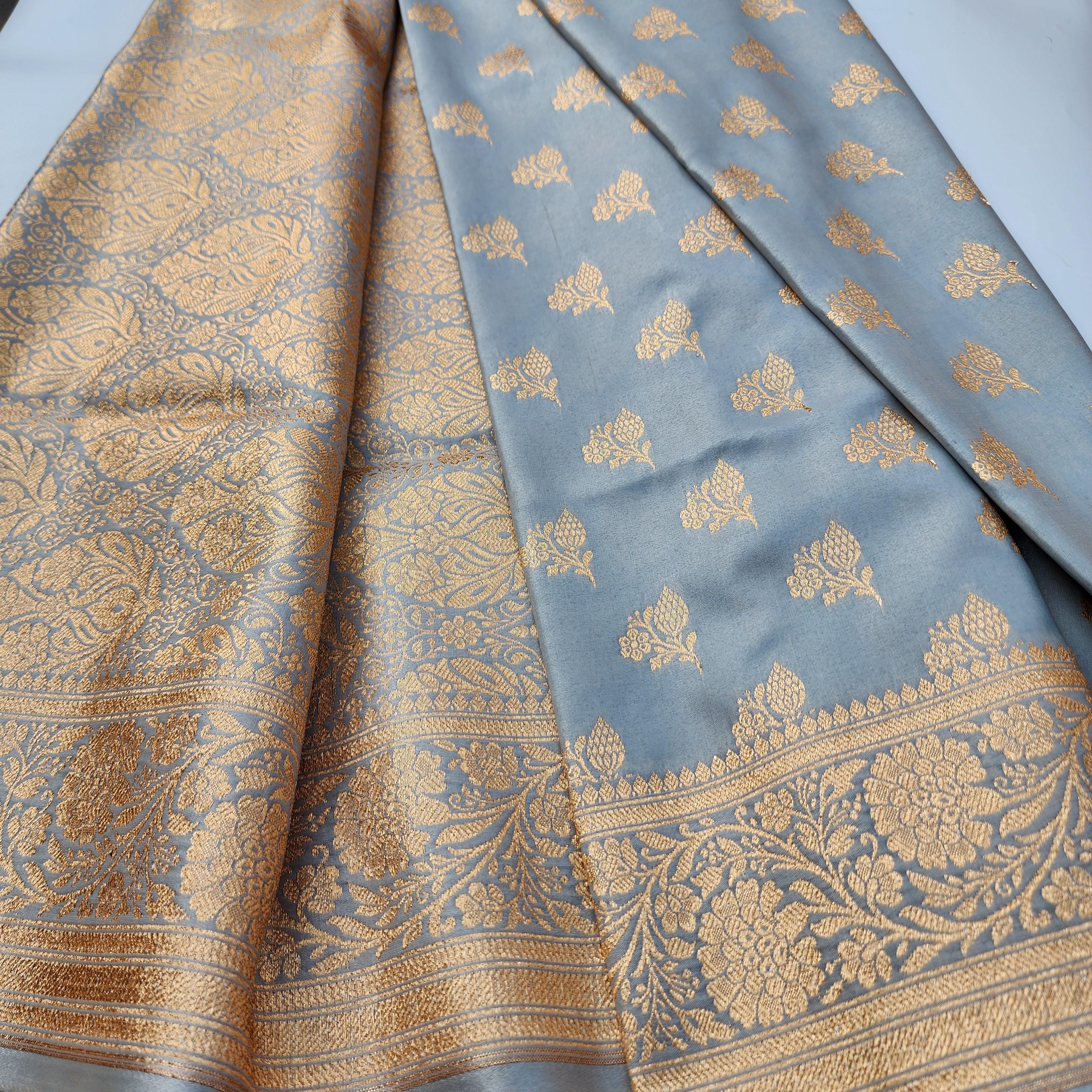 Rich Silver Grey Banarasi Silk Saree with Gold Zari Weaving