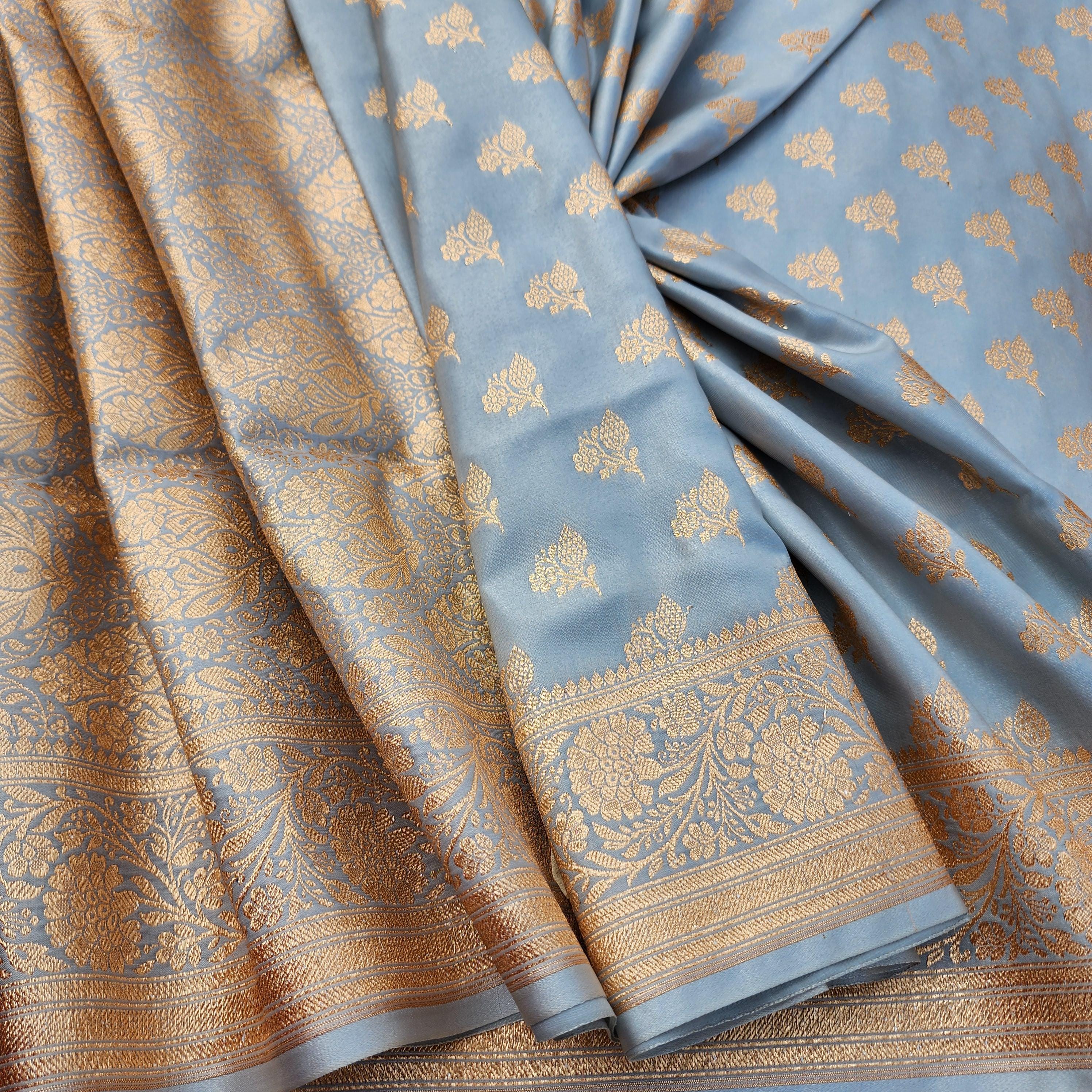 Rich Silver Grey Banarasi Silk Saree with Gold Zari Weaving
