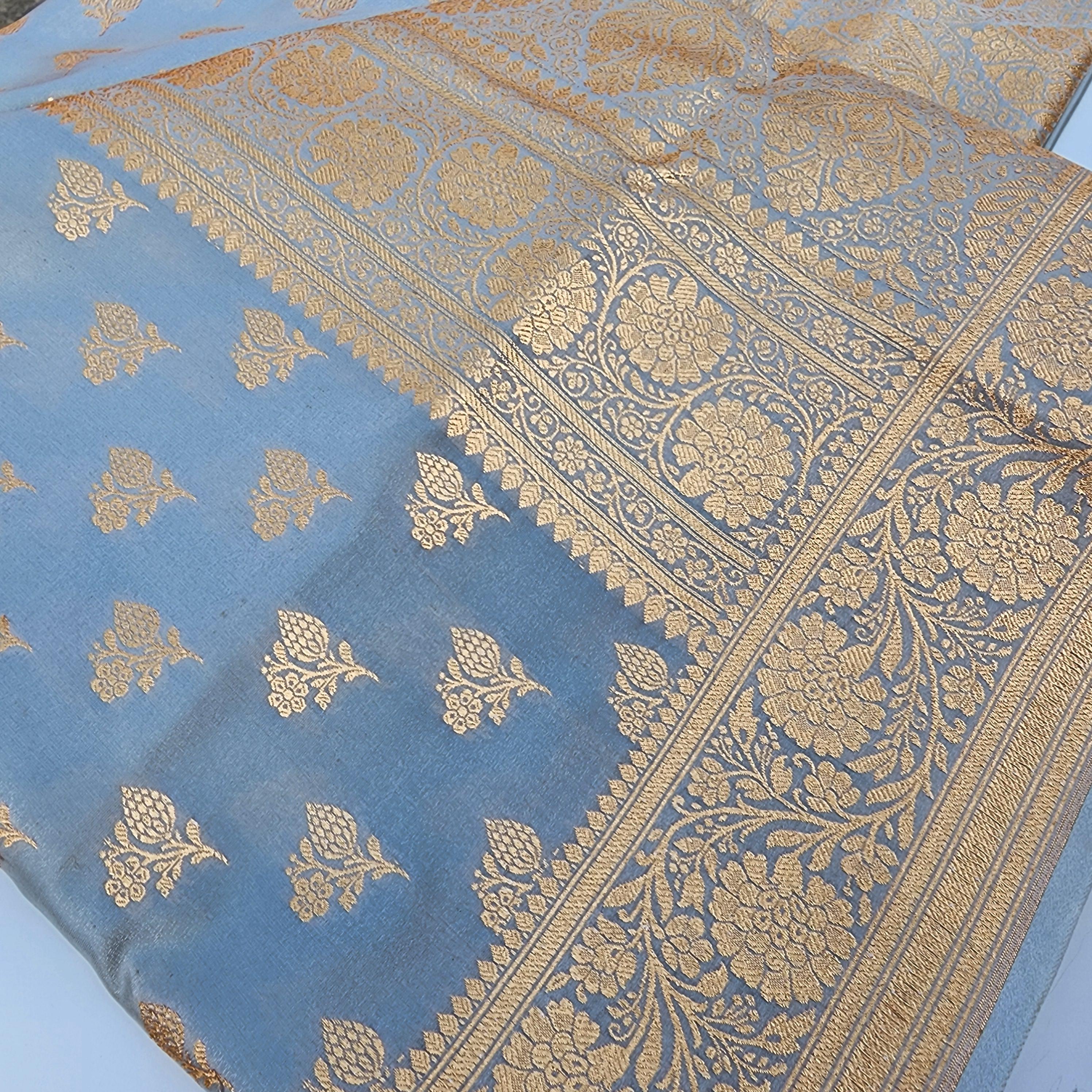 Rich Silver Grey Banarasi Silk Saree with Gold Zari Weaving