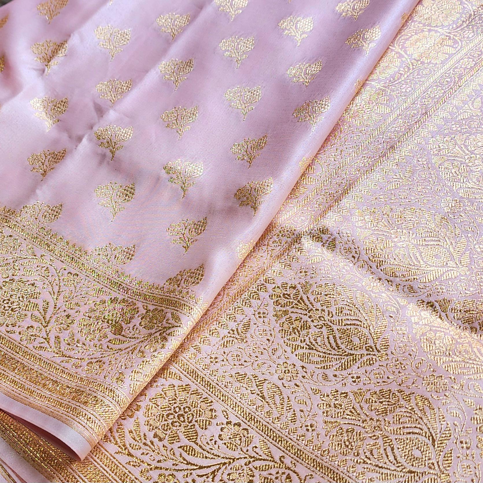 Rich Baby Pink Banarasi Silk Saree with Gold Zari Weaving