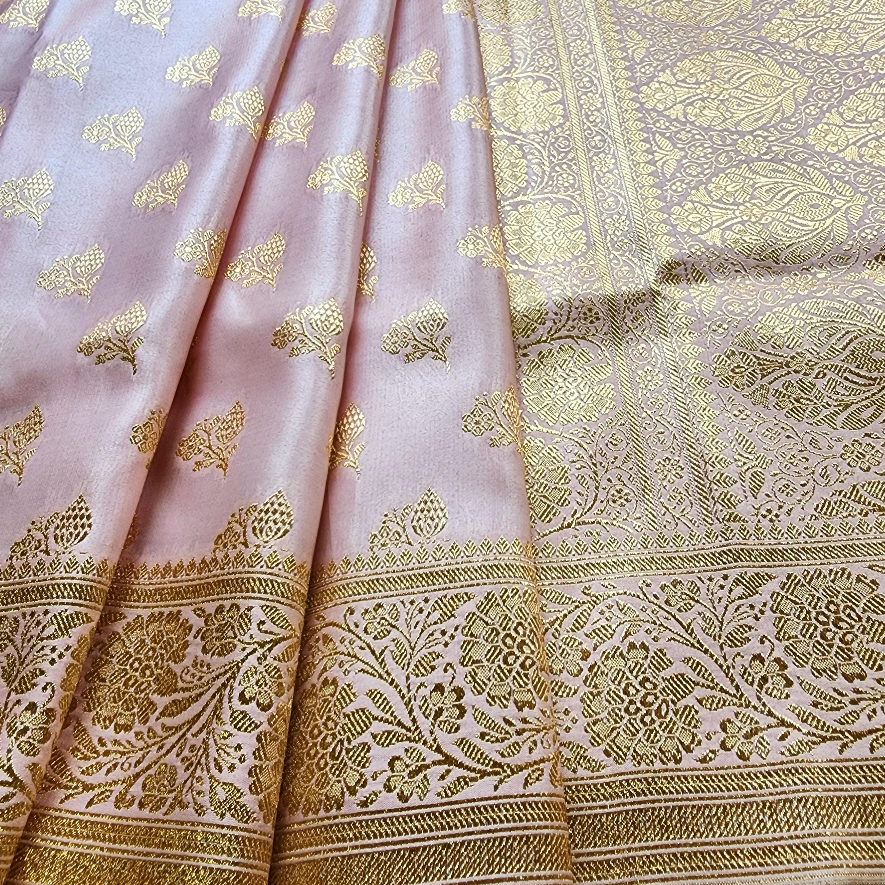 Rich Baby Pink Banarasi Silk Saree with Gold Zari Weaving