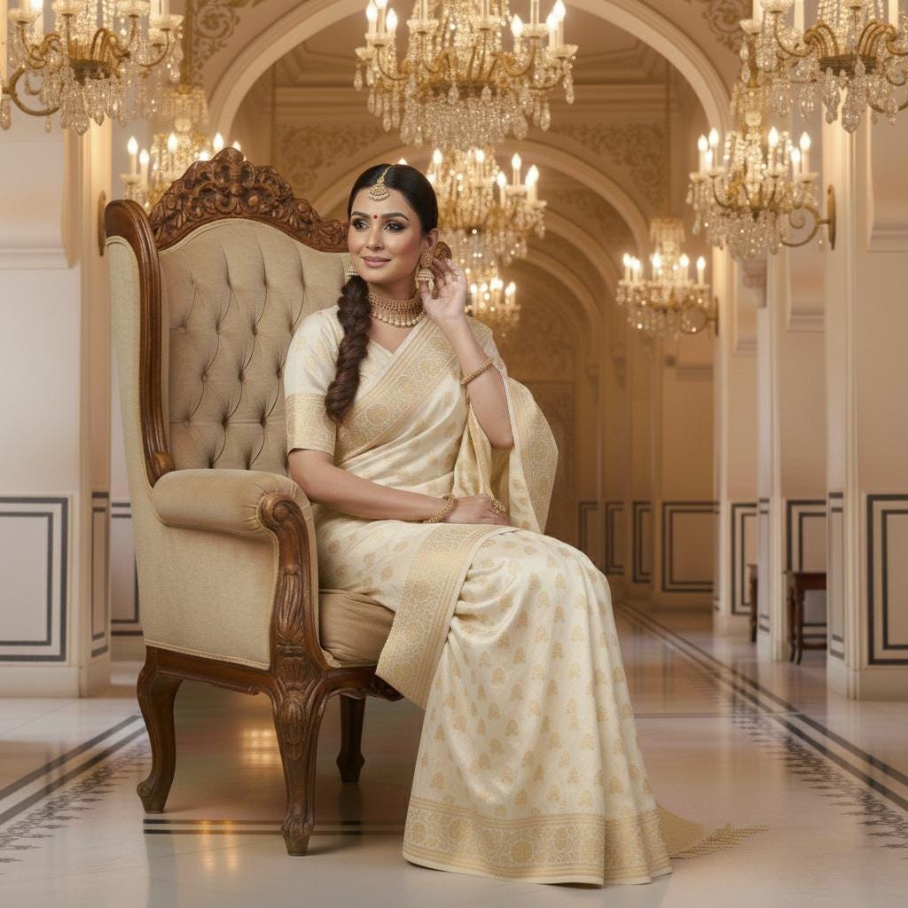 Rich Ivory Cream Banarasi Silk Saree with Gold Zari Weaving