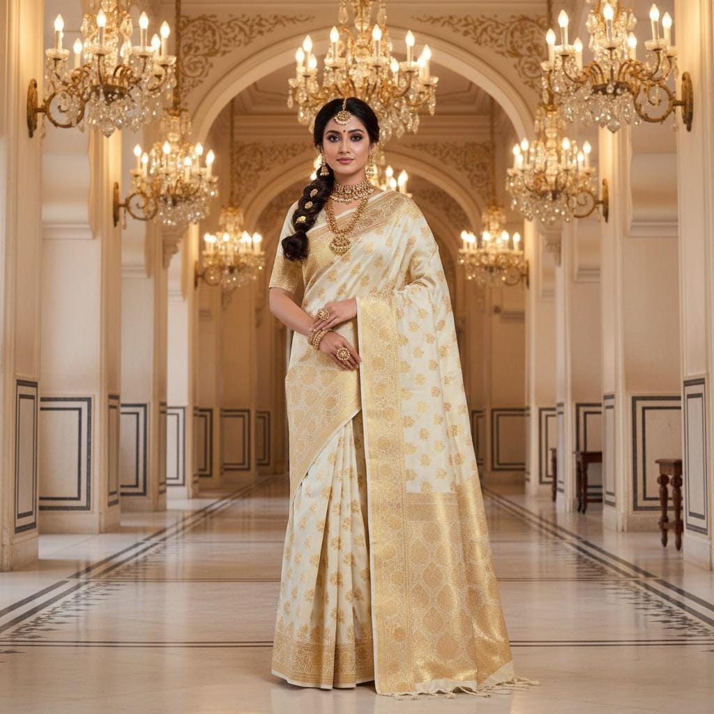 Rich Ivory Cream Banarasi Silk Saree with Gold Zari Weaving