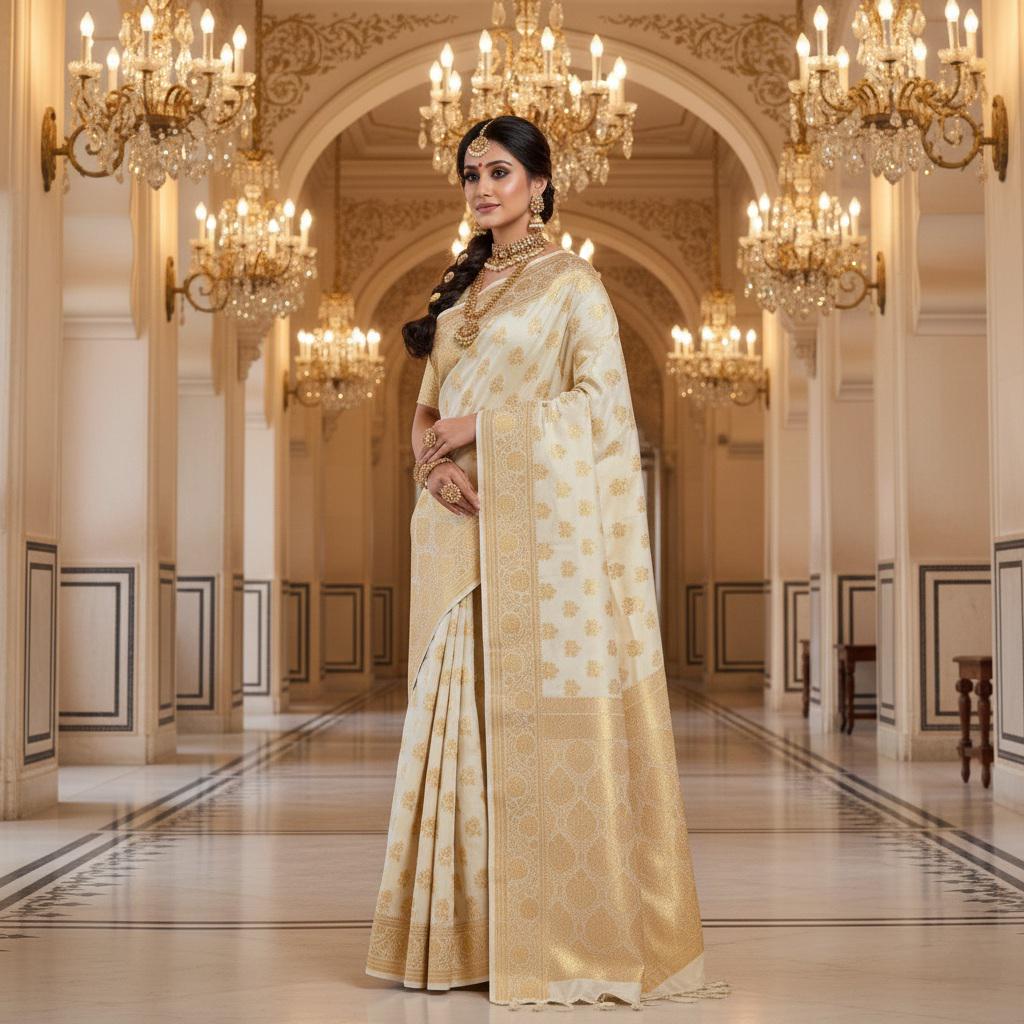 Rich Ivory Cream Banarasi Silk Saree with Gold Zari Weaving