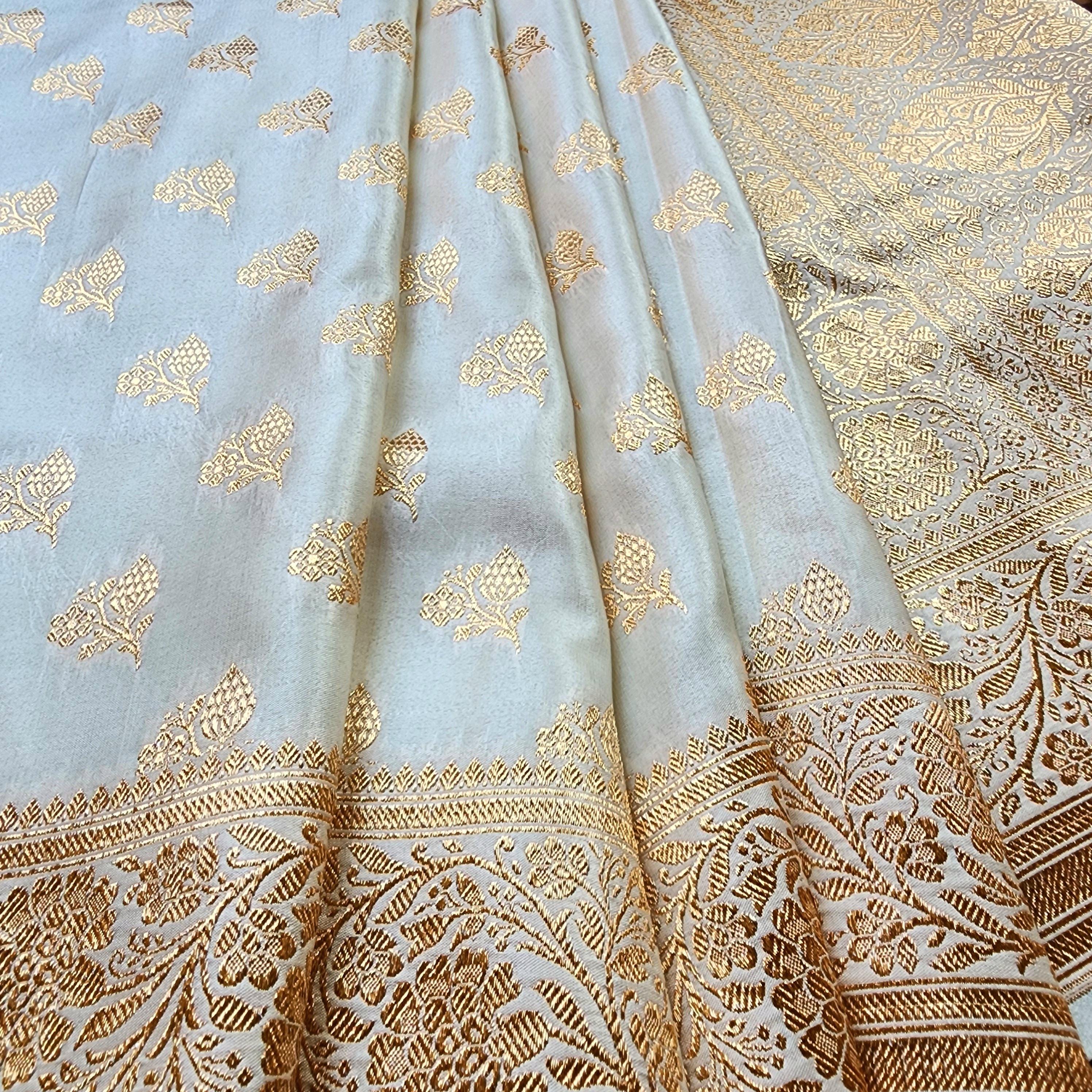 Rich Ivory Cream Banarasi Silk Saree with Gold Zari Weaving