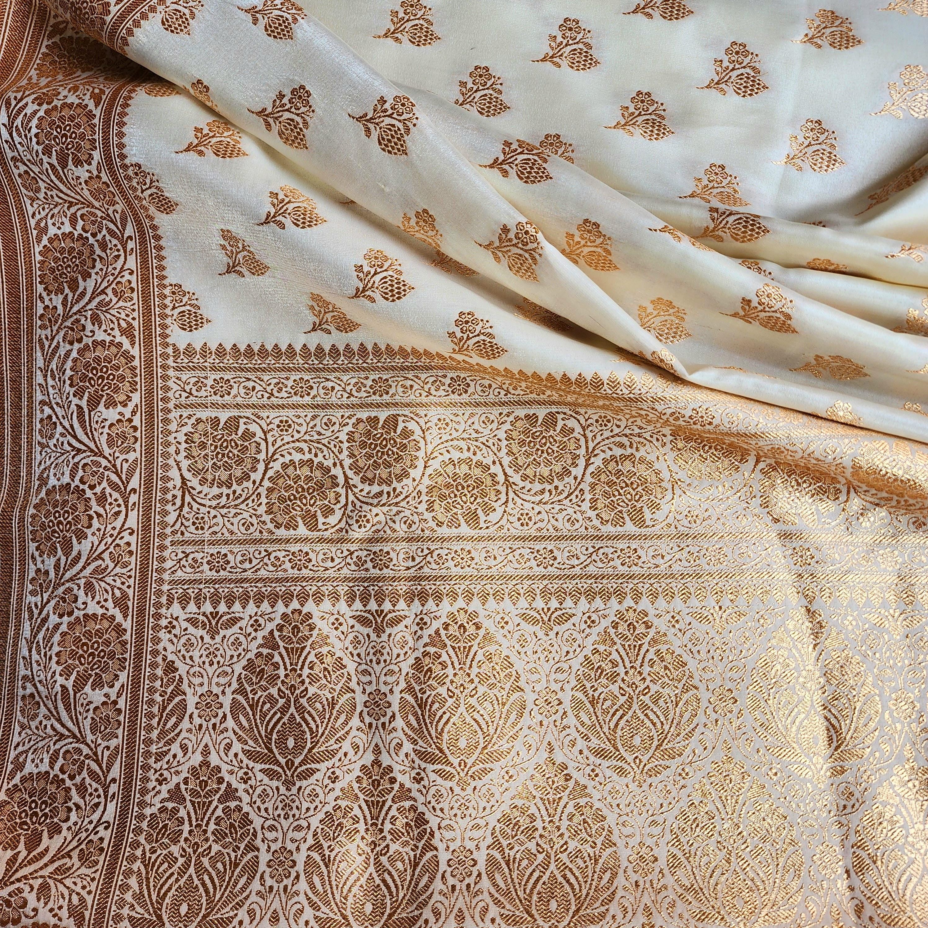 Rich Ivory Cream Banarasi Silk Saree with Gold Zari Weaving
