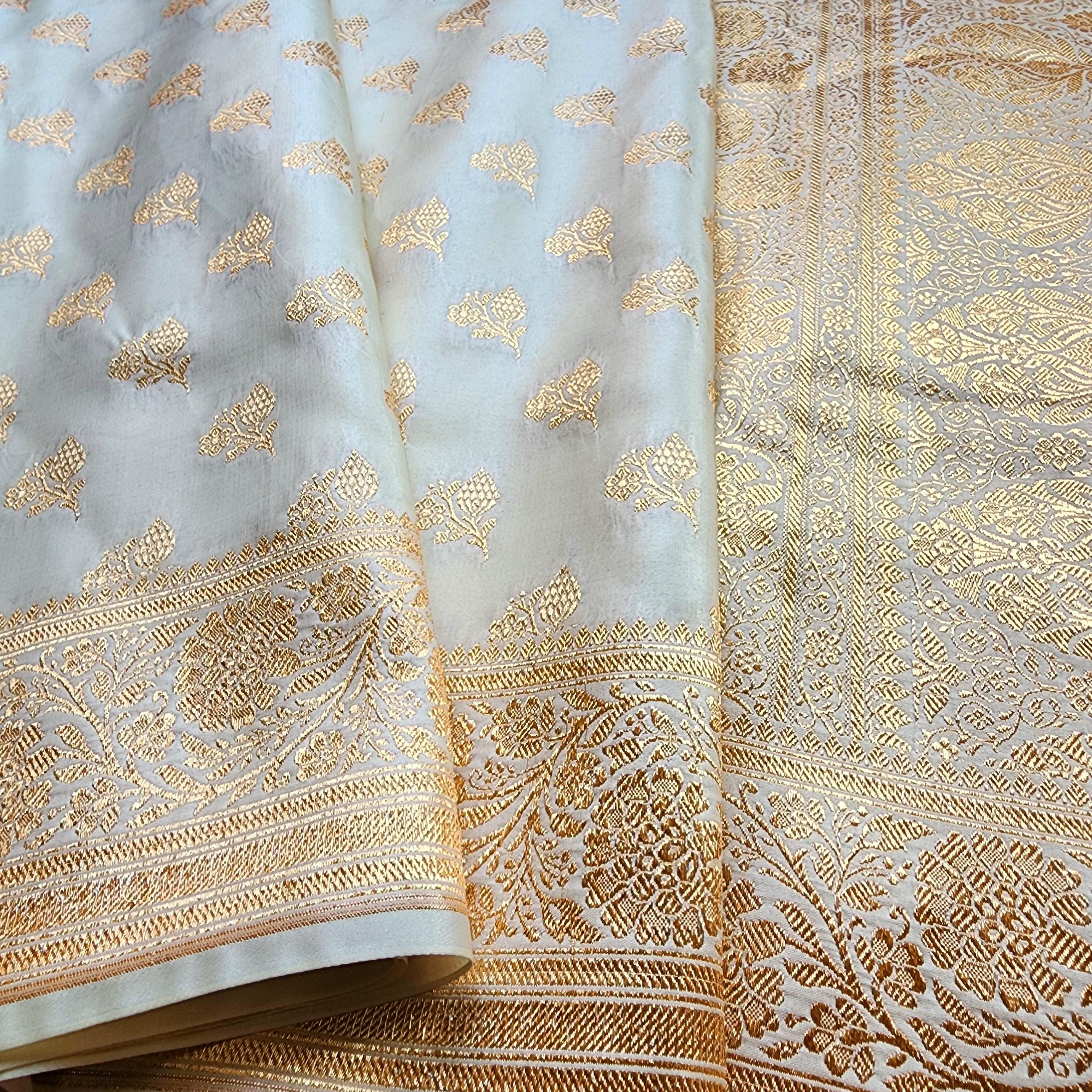 Rich Ivory Cream Banarasi Silk Saree with Gold Zari Weaving