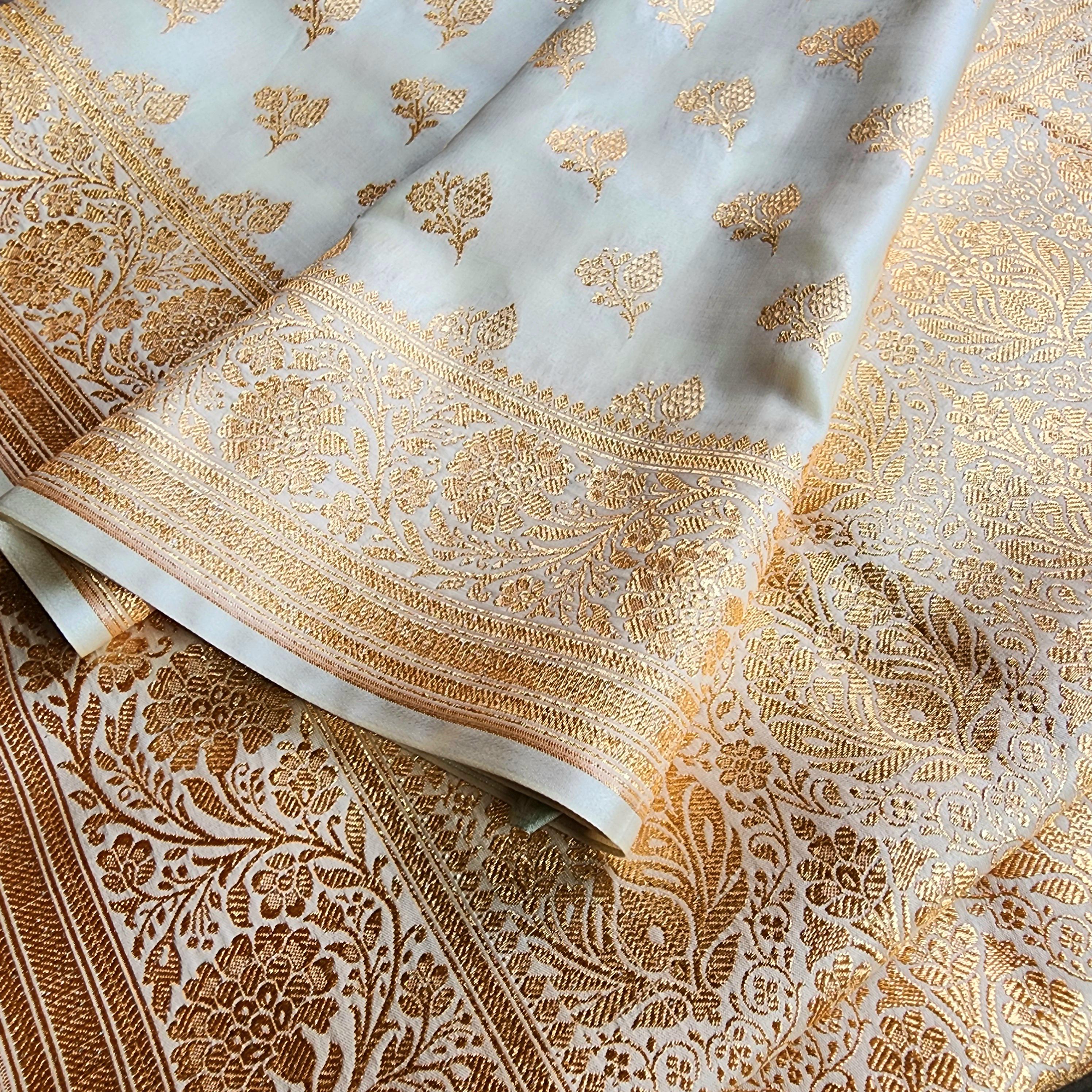 Rich Ivory Cream Banarasi Silk Saree with Gold Zari Weaving