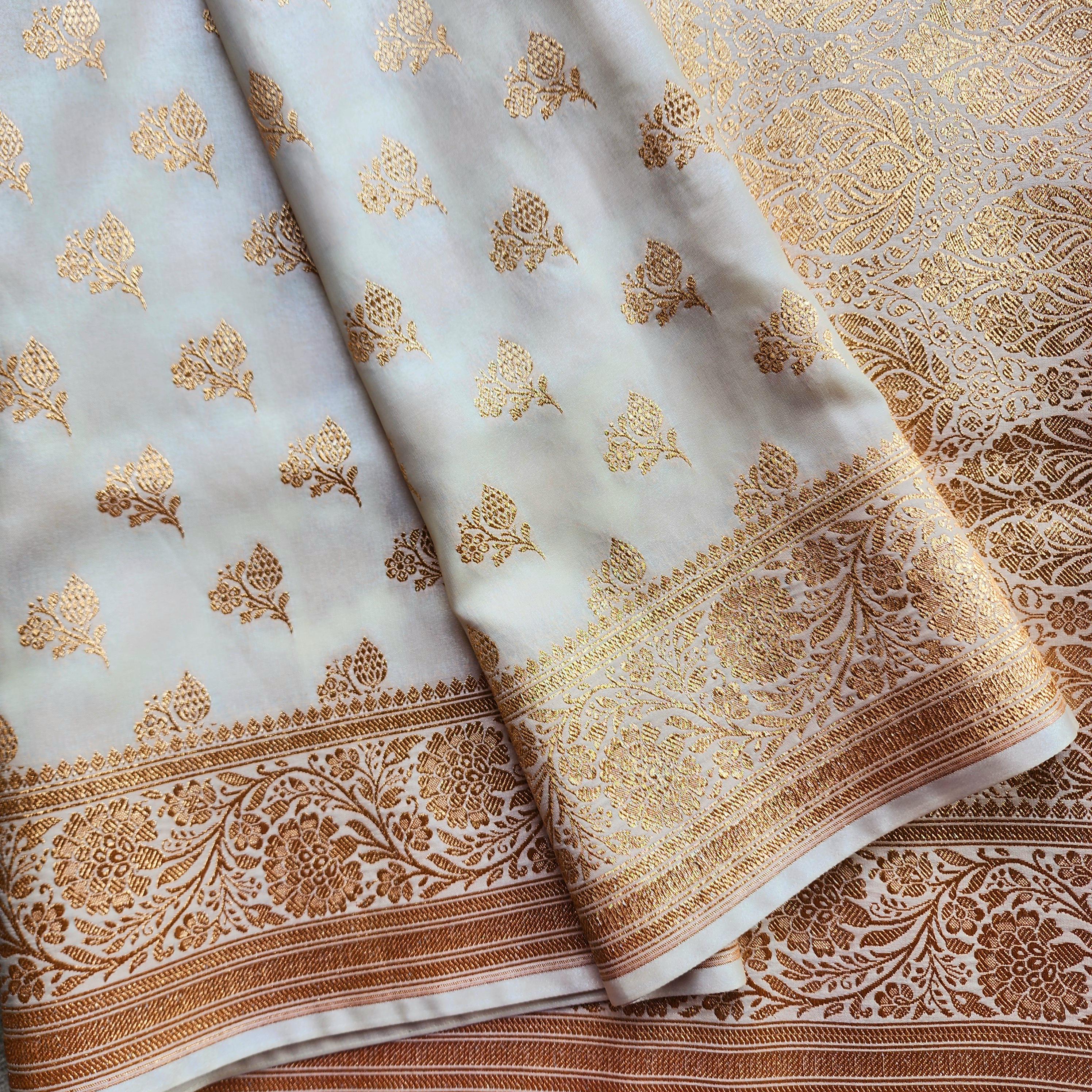 Rich Ivory Cream Banarasi Silk Saree with Gold Zari Weaving