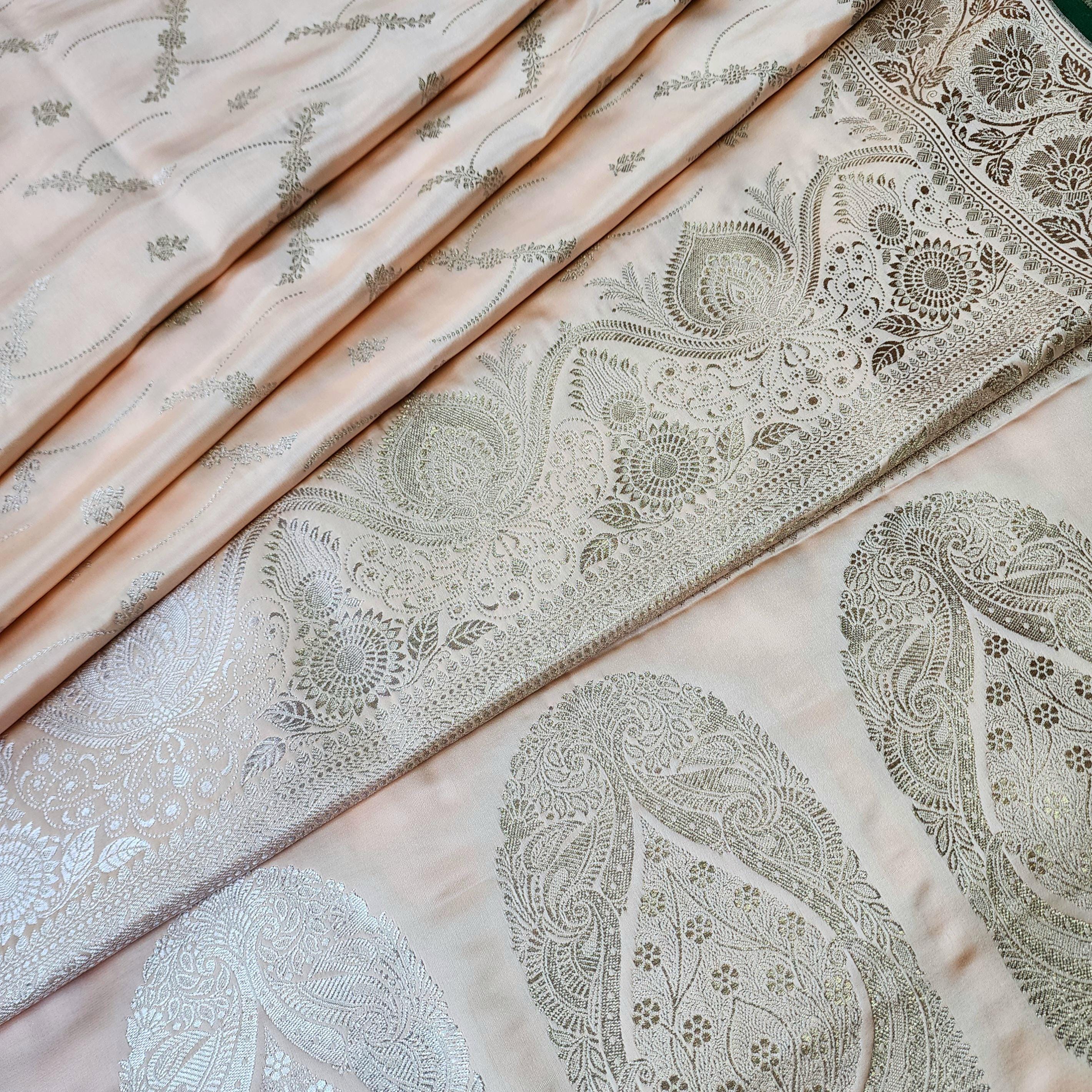 Peach Pure Banarasi Katan Silk Saree with light Gold Zari Weaving