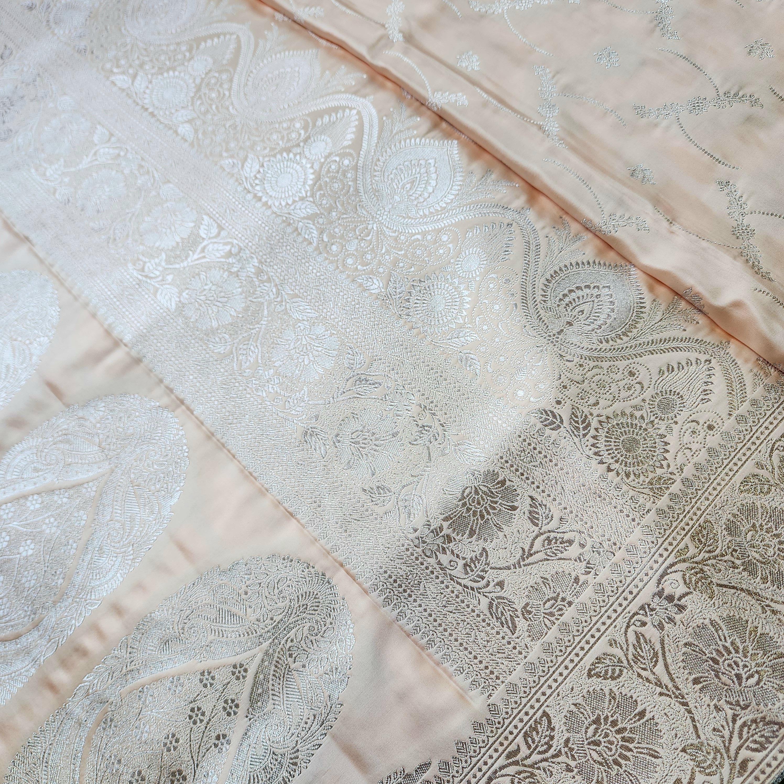 Peach Pure Banarasi Katan Silk Saree with light Gold Zari Weaving