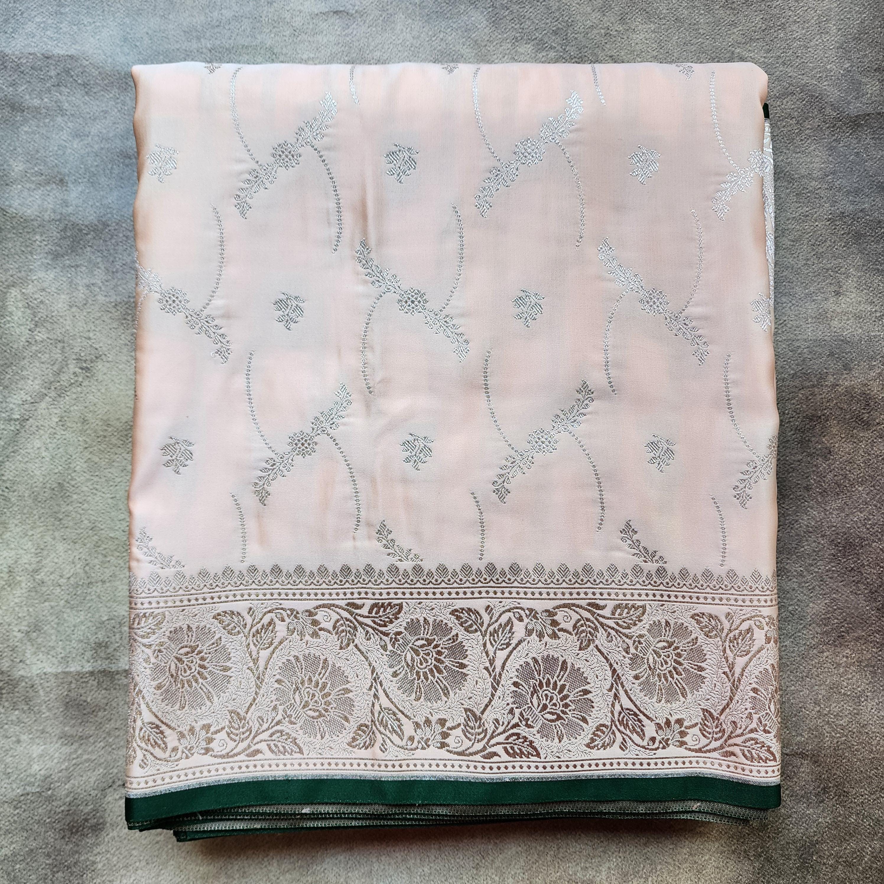 Peach Pure Banarasi Katan Silk Saree with light Gold Zari Weaving