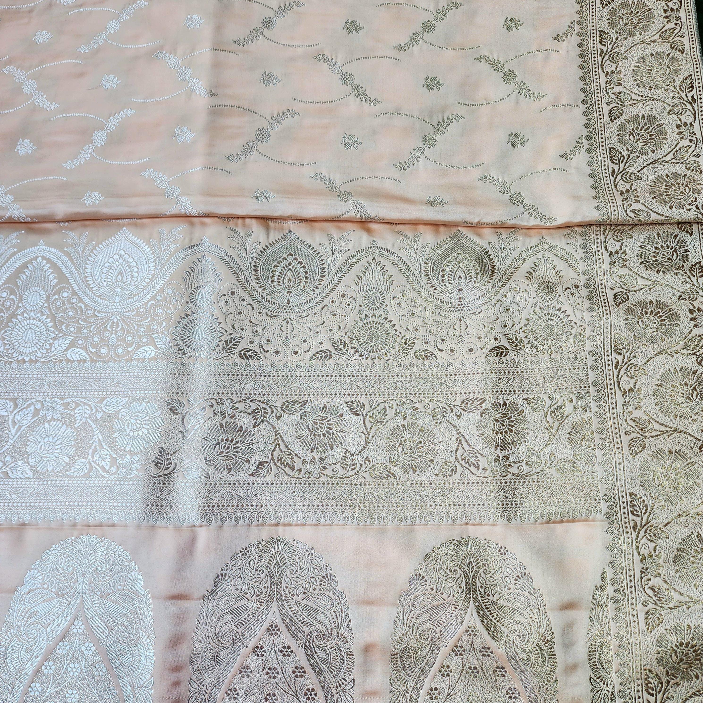 Peach Pure Banarasi Katan Silk Saree with light Gold Zari Weaving