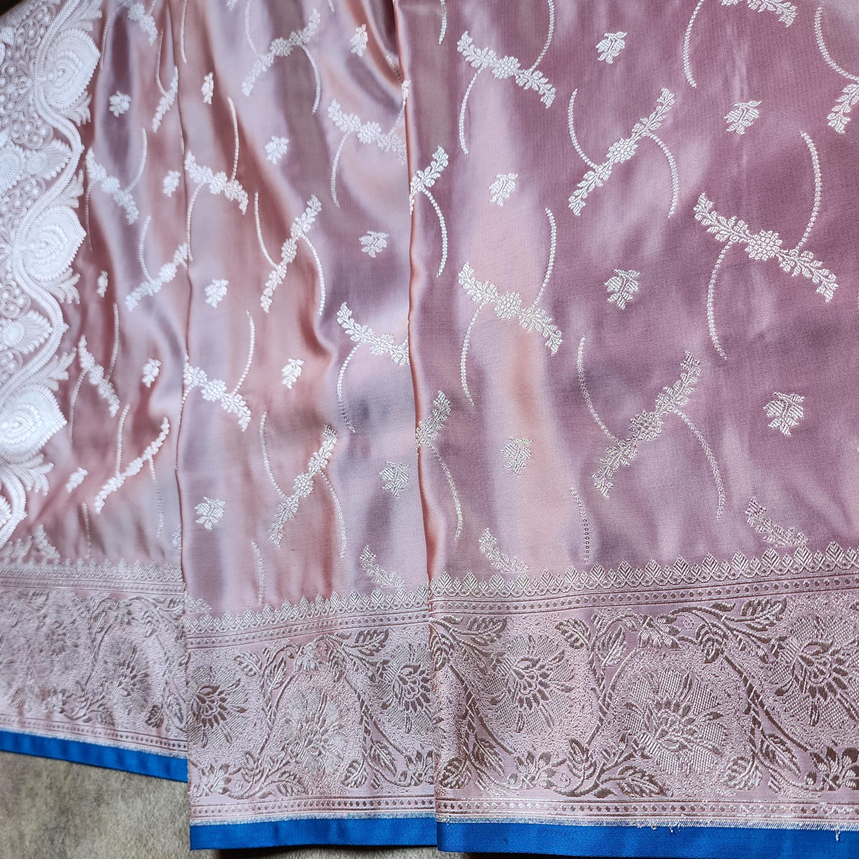 Dusty Rose Pink Pure Banarasi Katan Silk Saree with light Gold Zari Weaving