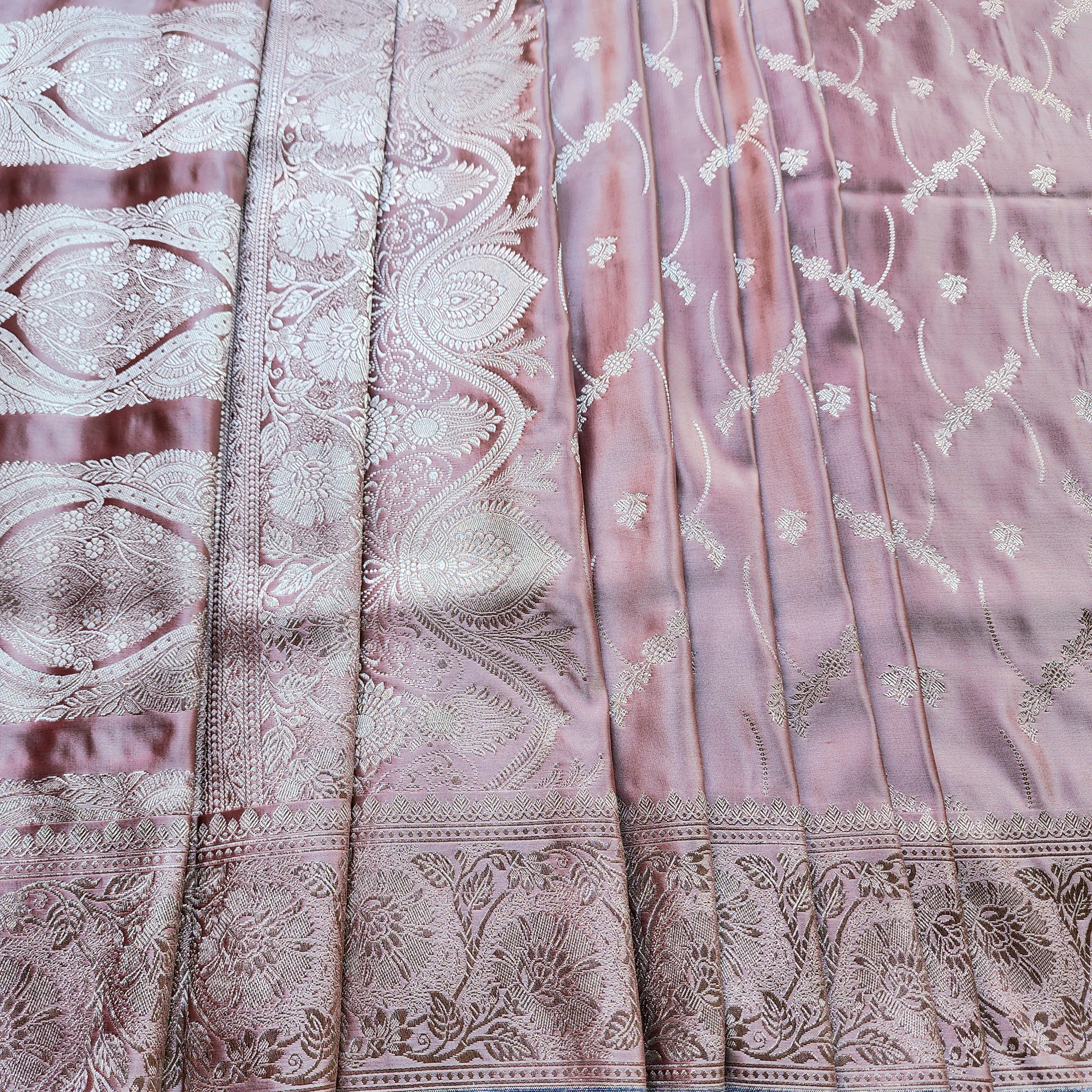 Dusty Rose Pink Pure Banarasi Katan Silk Saree with light Gold Zari Weaving