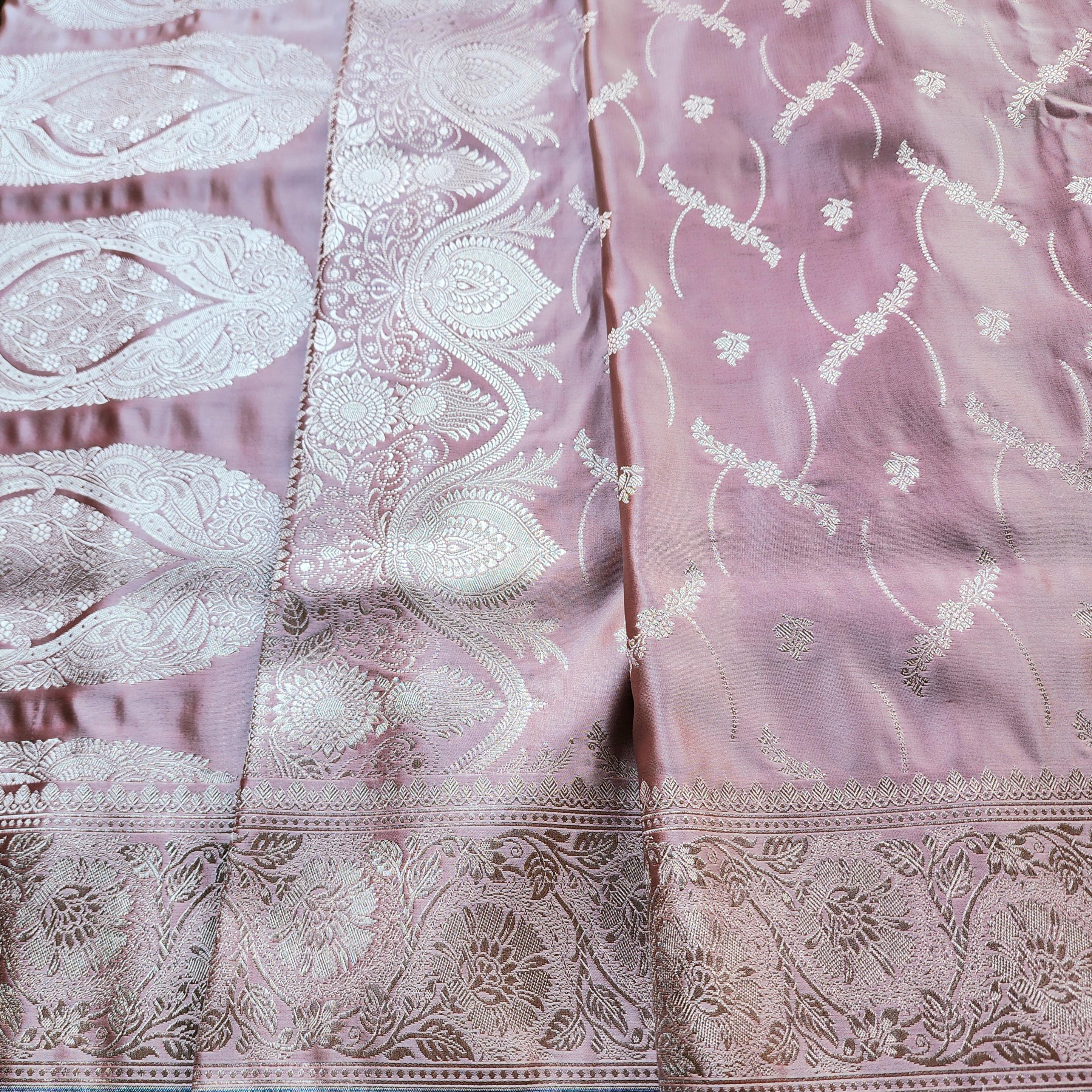 Dusty Rose Pink Pure Banarasi Katan Silk Saree with light Gold Zari Weaving