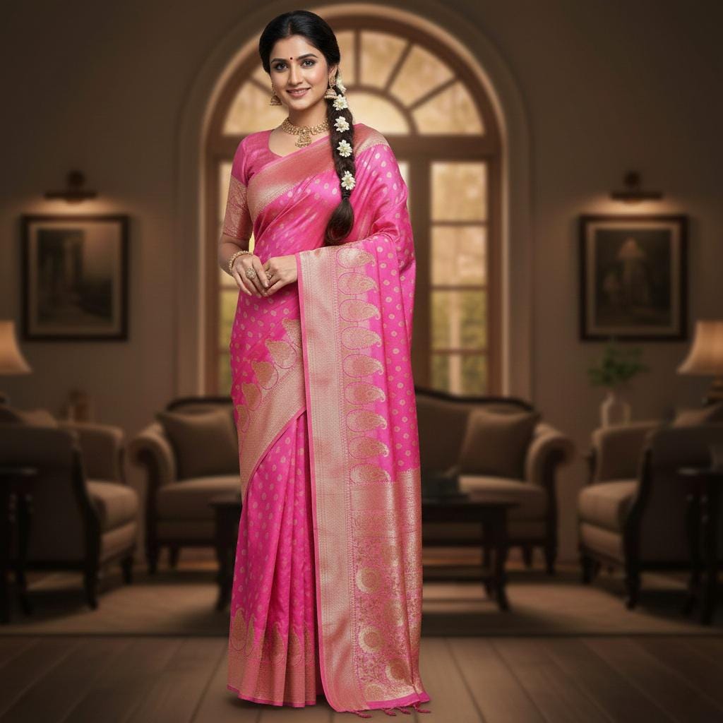 Rich Hot Pink Banarasi Silk Saree with Gold Zari Weaving