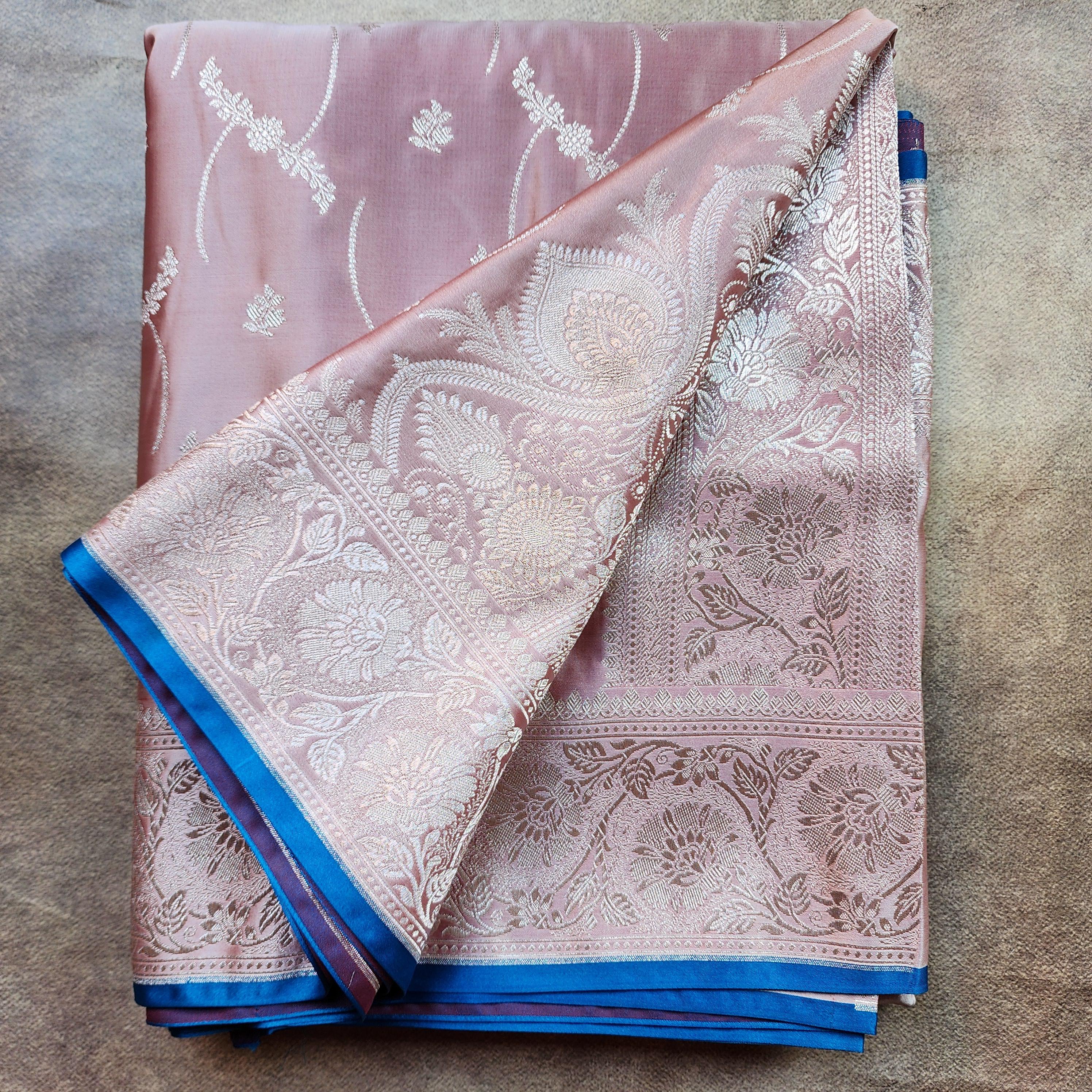 Dusty Rose Pink Pure Banarasi Katan Silk Saree with light Gold Zari Weaving