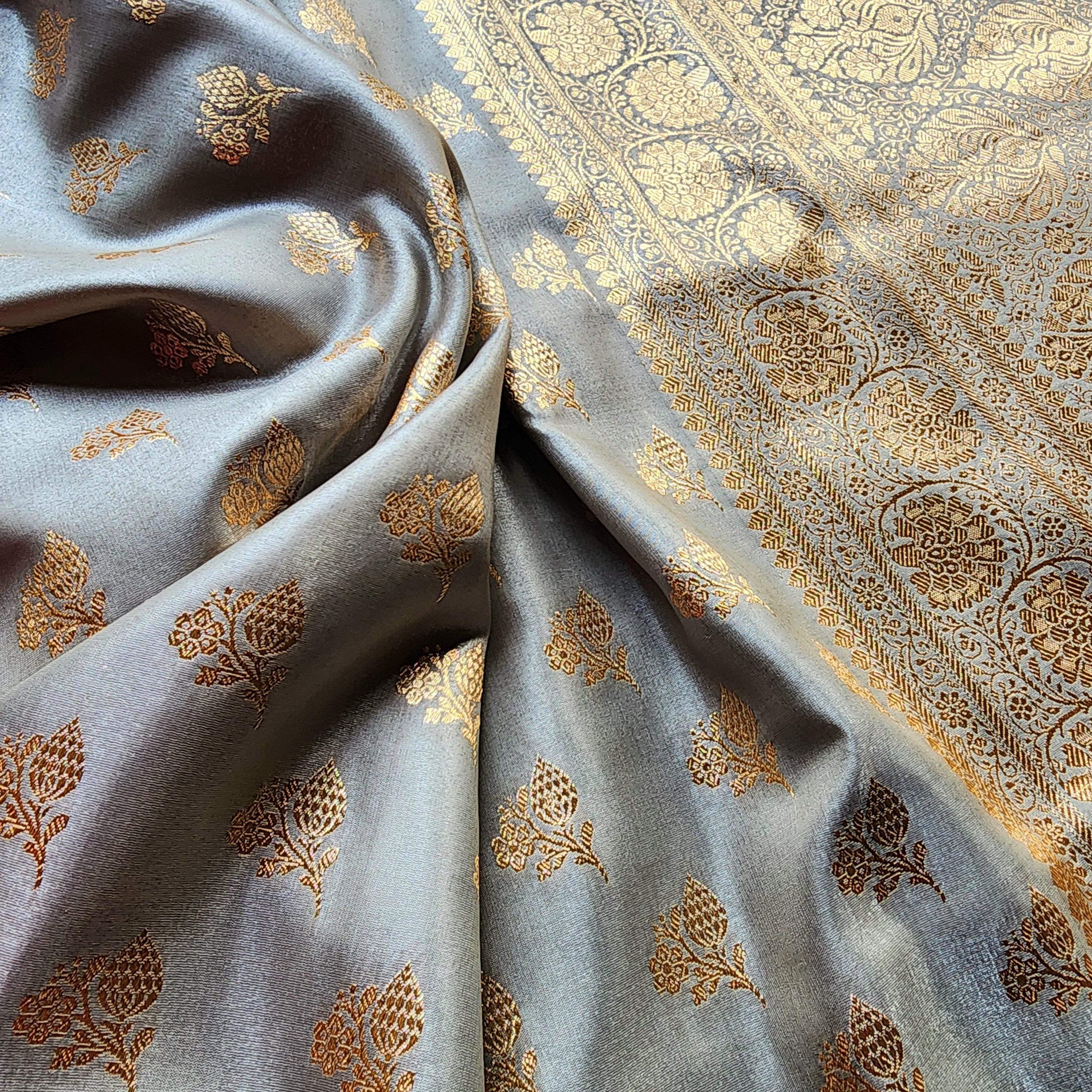 Rich Silver Gray Banarasi Katan Silk Saree | Light Gold Zari weaving
