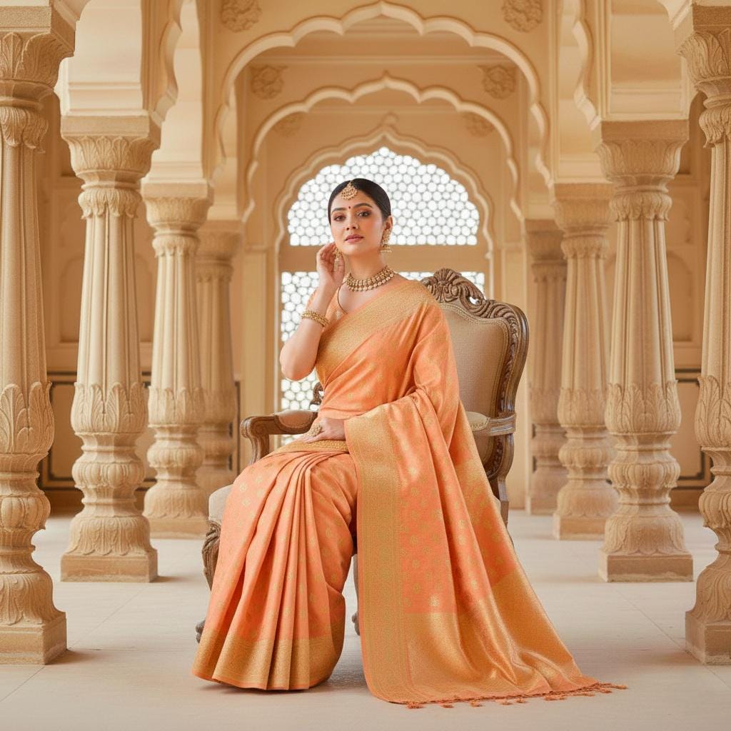 Rich Orange Banarasi Silk Saree with Gold Zari Weaving