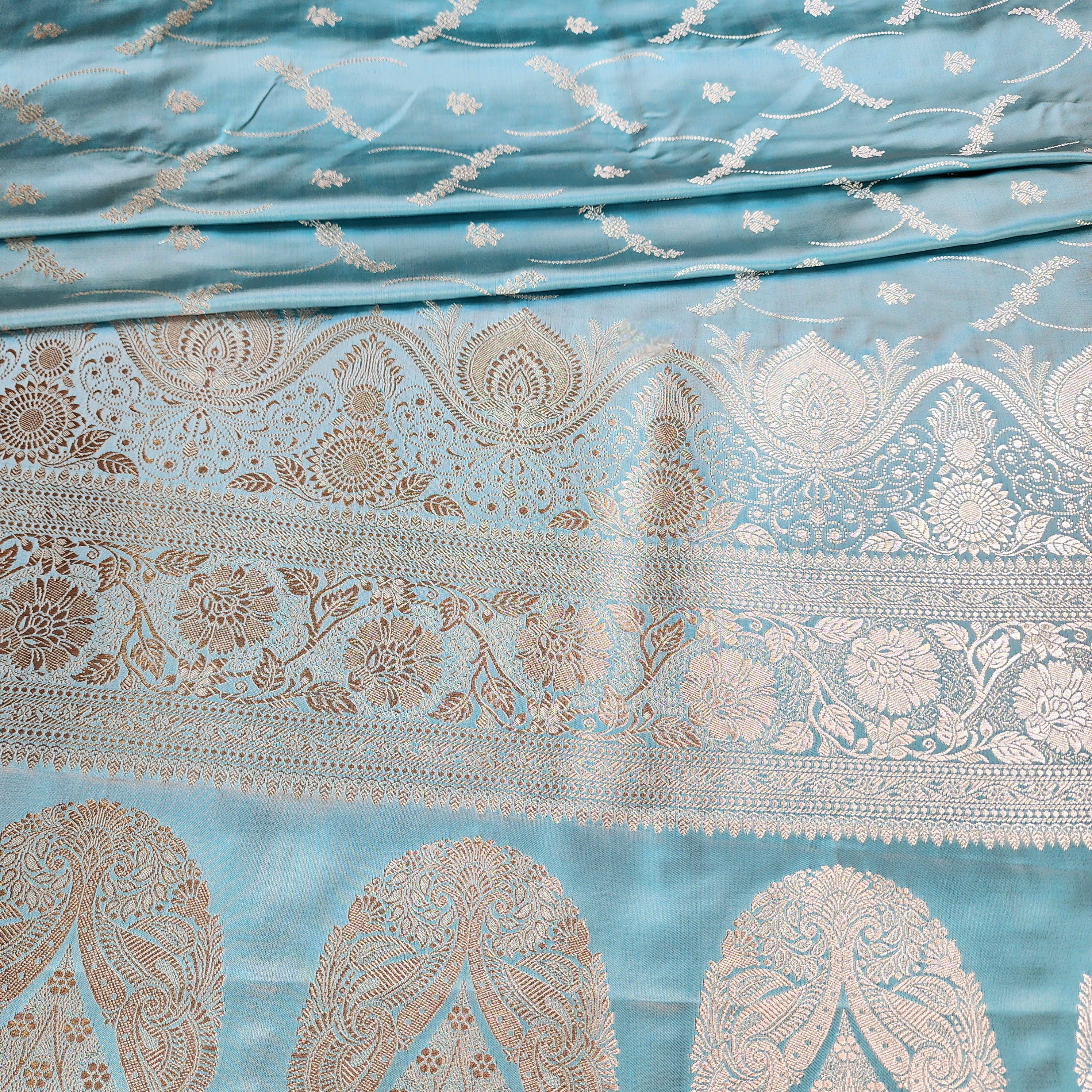 Pastel Aqua Blue Pure Banarasi Katan Silk Saree with Light Gold Zari Weaving