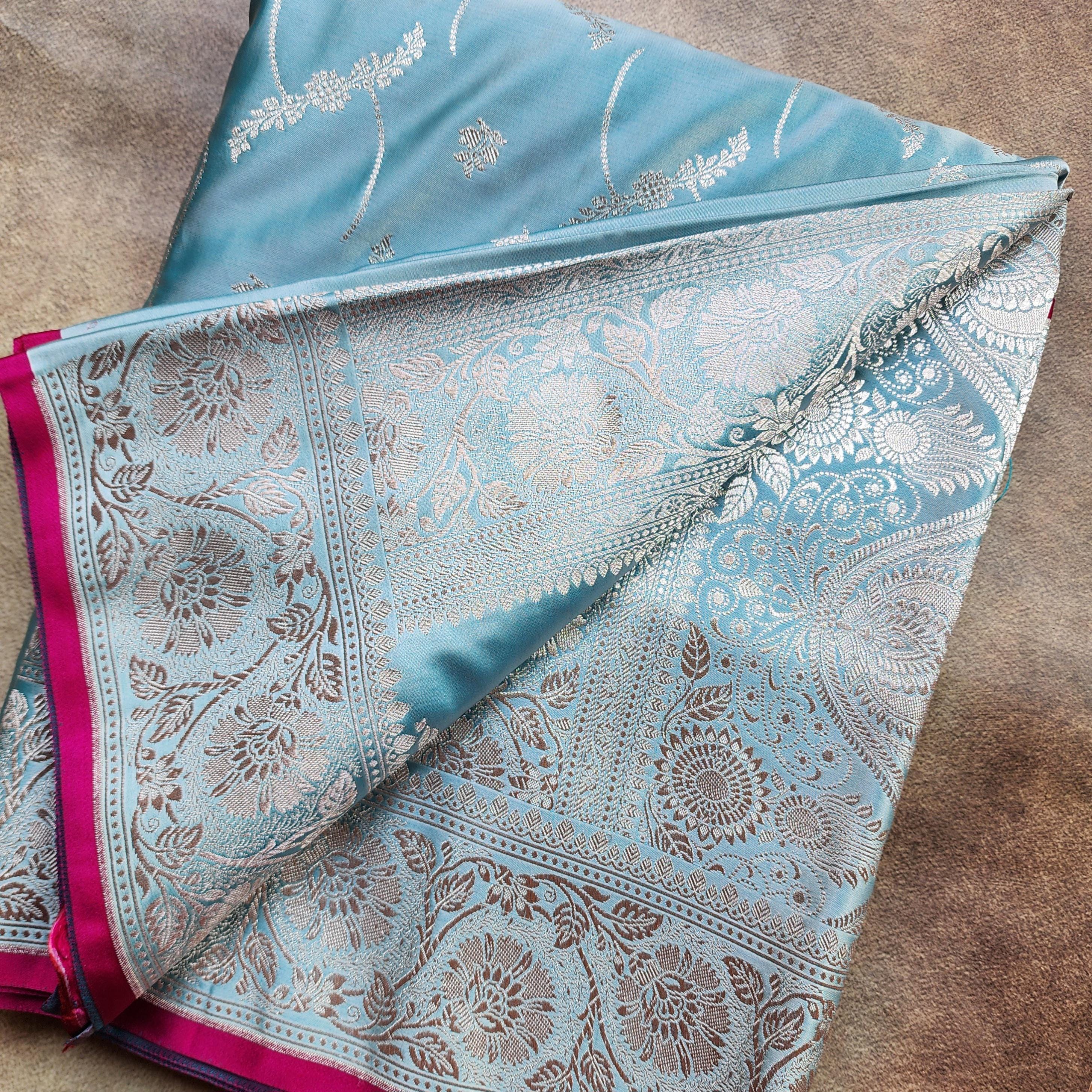Pastel Aqua Blue Pure Banarasi Katan Silk Saree with Light Gold Zari Weaving