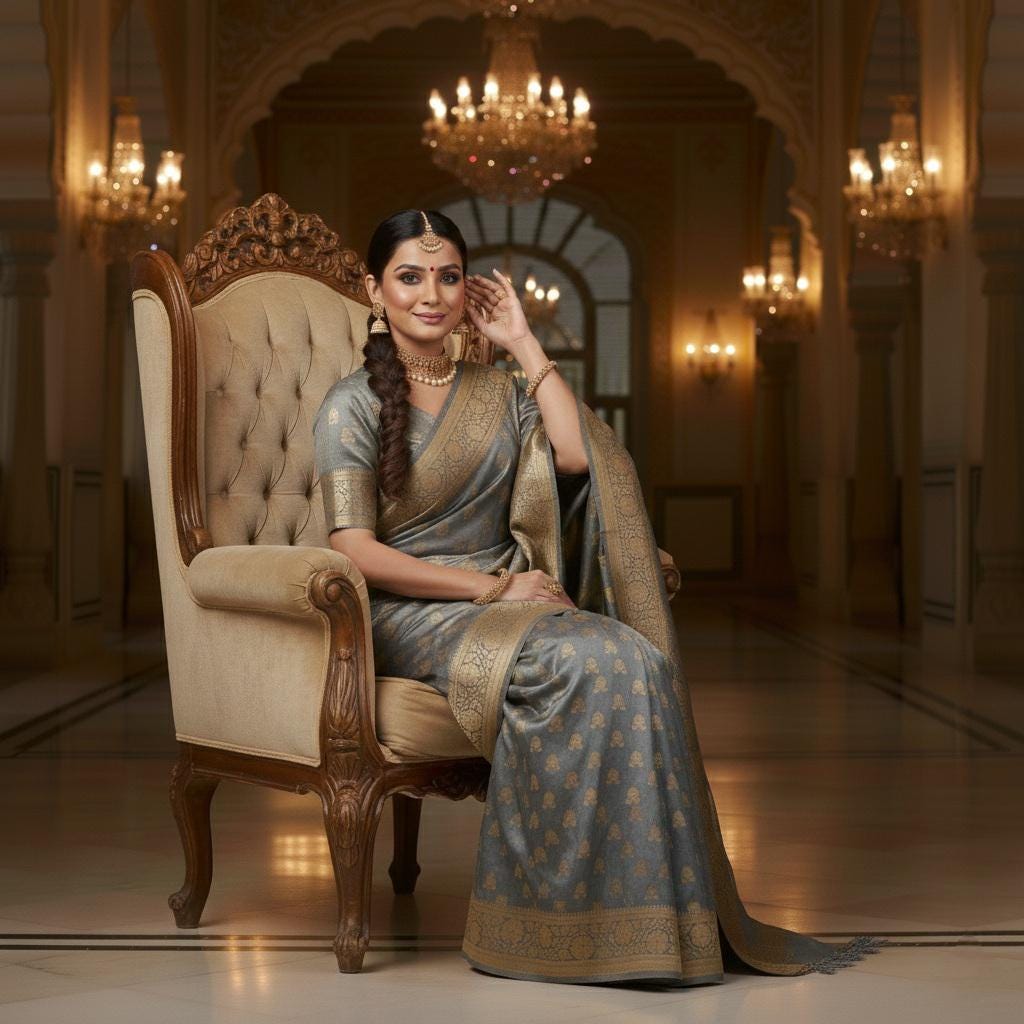 Rich Steel Blue Banarasi Silk Saree with Gold Zari Weaving