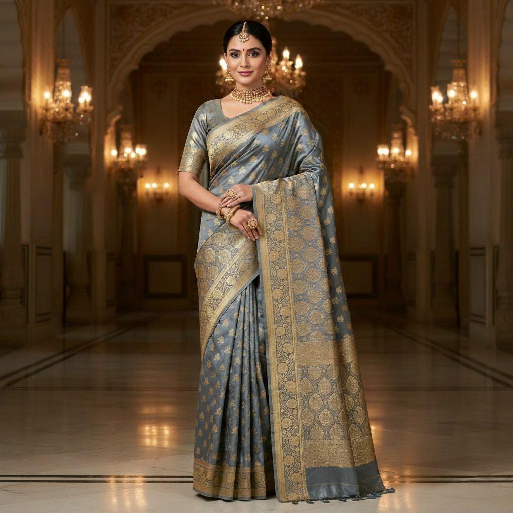 Rich Steel Blue Banarasi Silk Saree with Gold Zari Weaving
