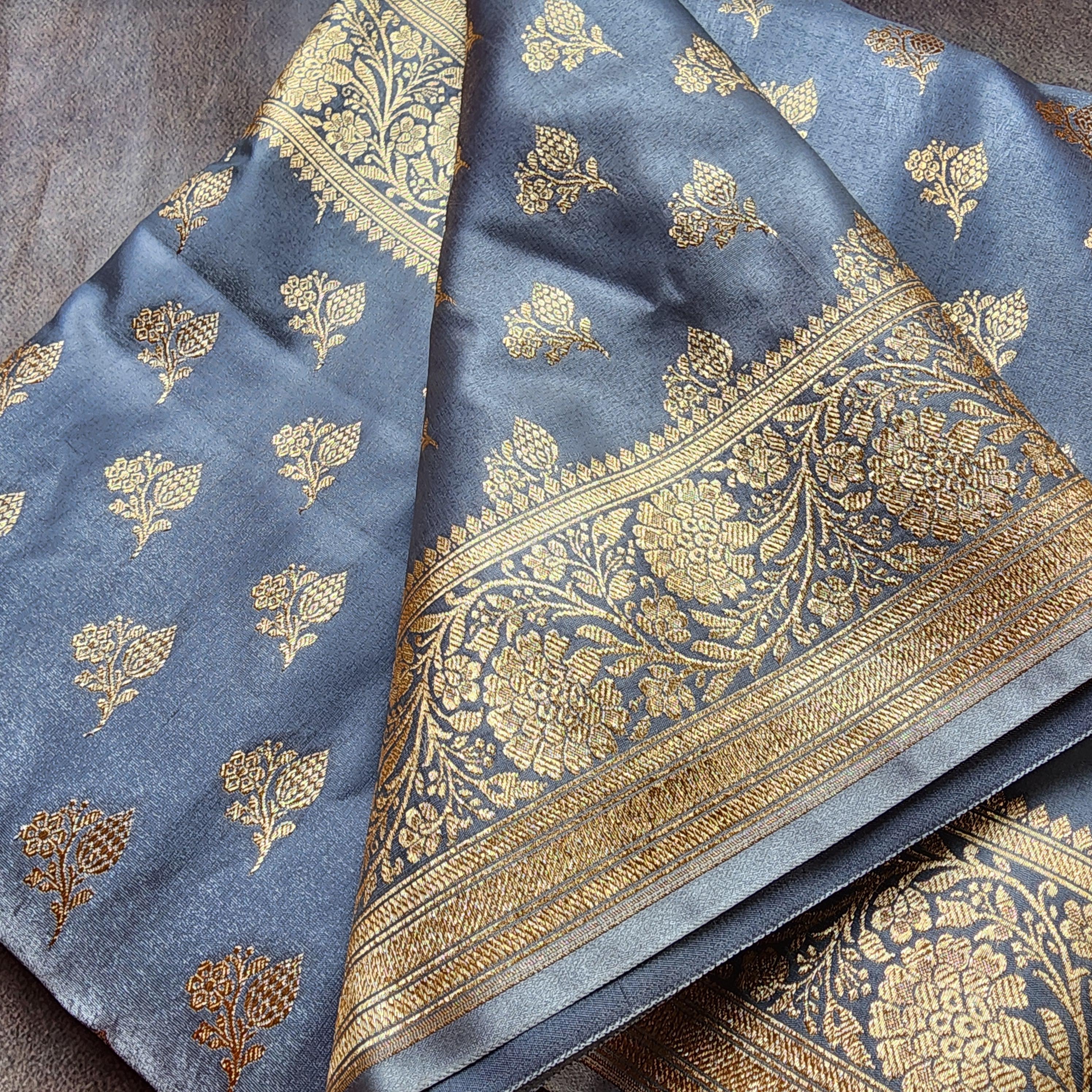 Rich Steel Blue Banarasi Silk Saree with Gold Zari Weaving