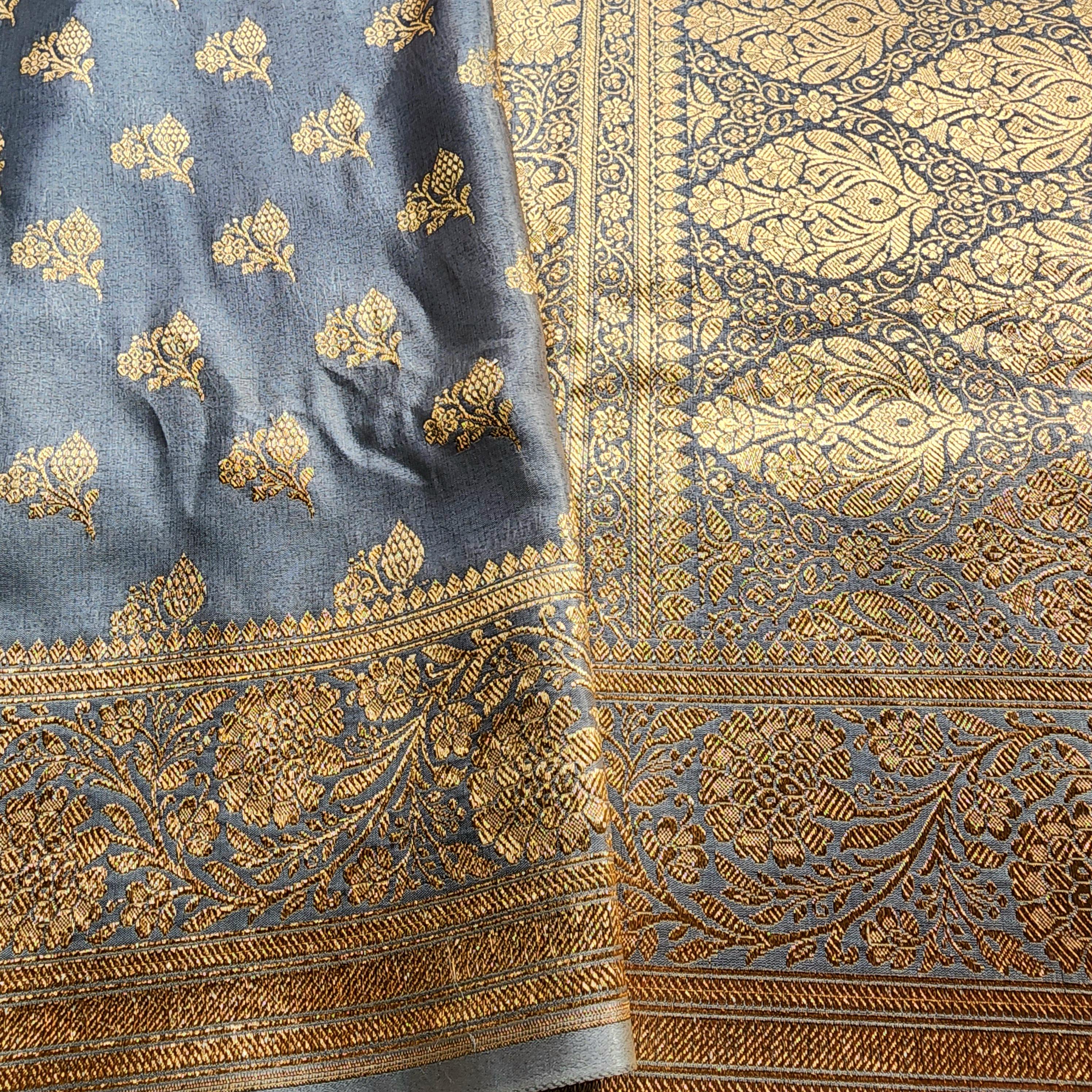 Rich Steel Blue Banarasi Silk Saree with Gold Zari Weaving