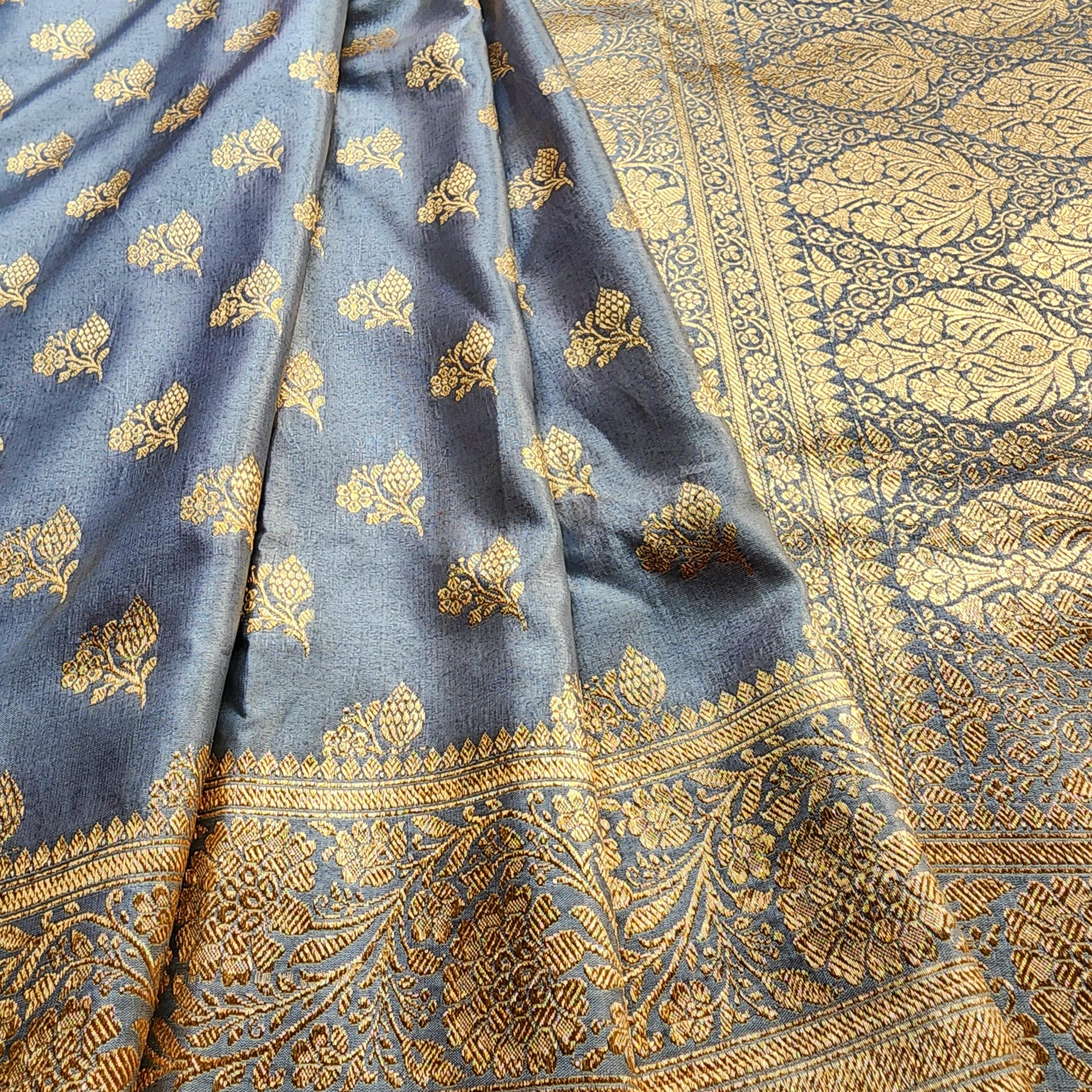 Rich Steel Blue Banarasi Silk Saree with Gold Zari Weaving