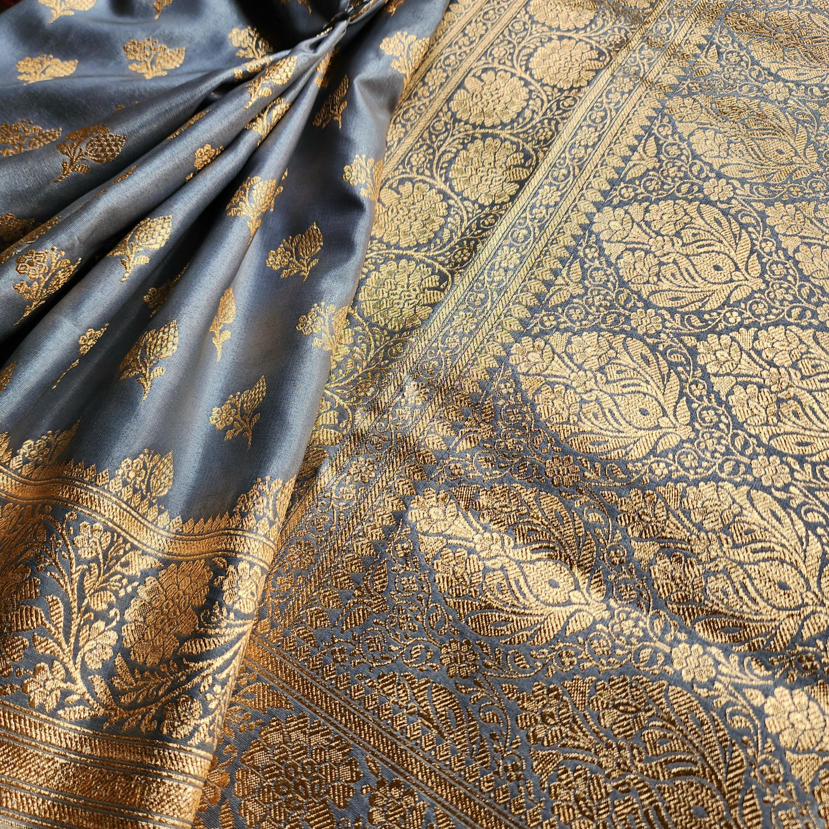 Rich Steel Blue Banarasi Silk Saree with Gold Zari Weaving