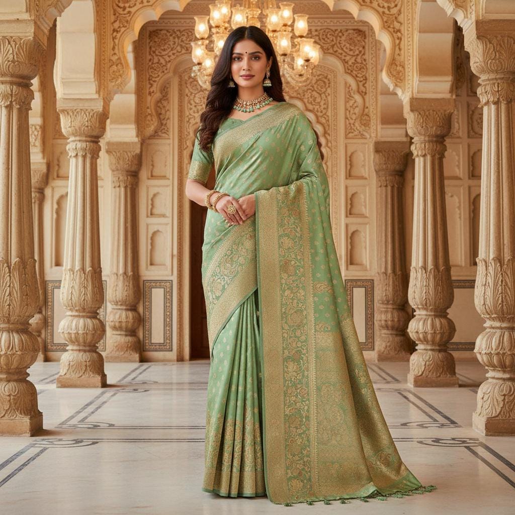 Rich Mehendi Green Banarasi Silk Saree with Gold Zari Weaving
