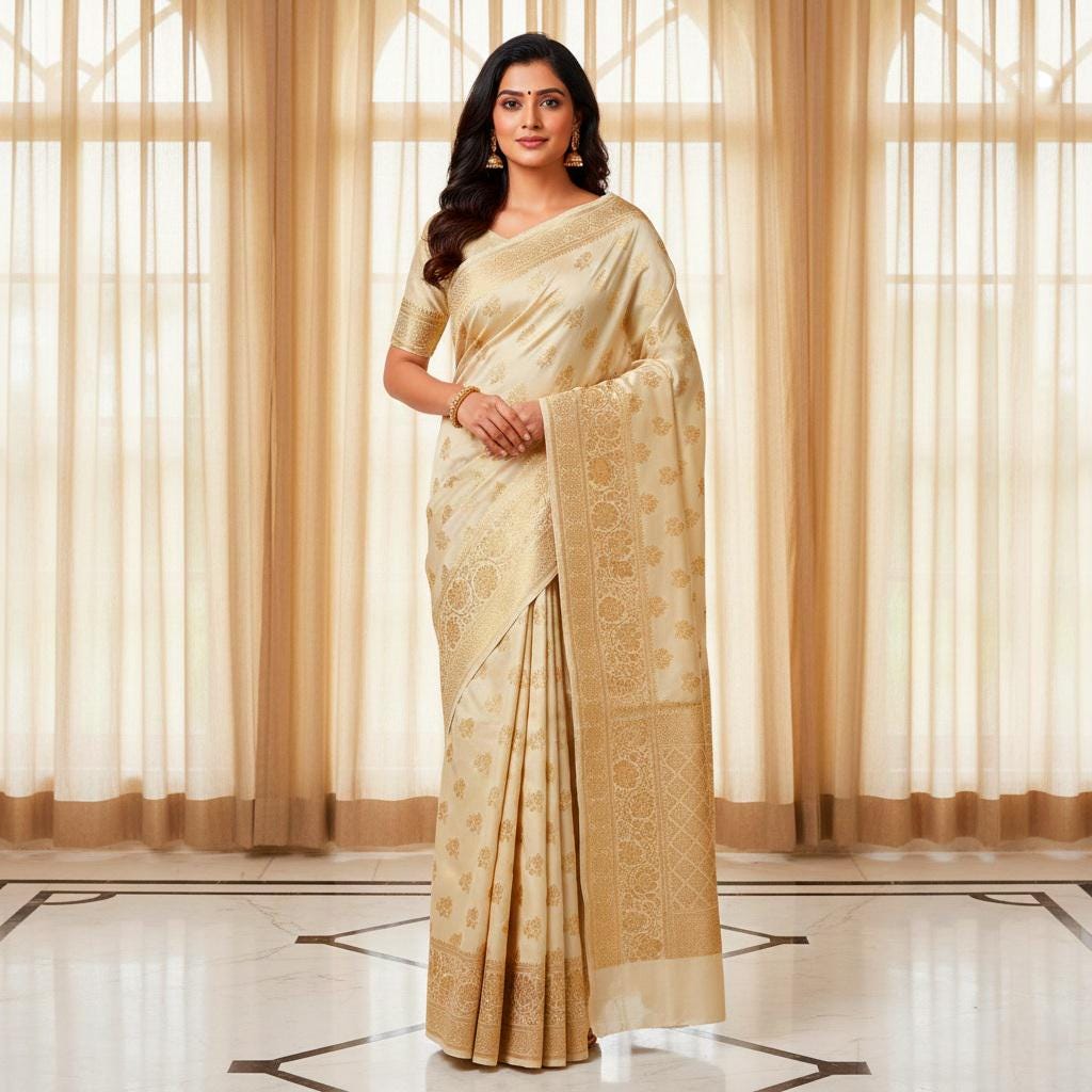 Rich Sand Beige Banarasi Silk Saree with Gold Zari Weaving