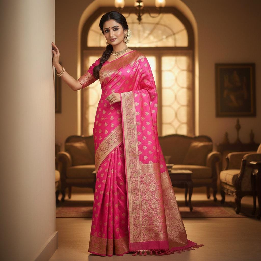 Rich Rani Pink Banarasi Silk Saree with Gold Zari Weaving