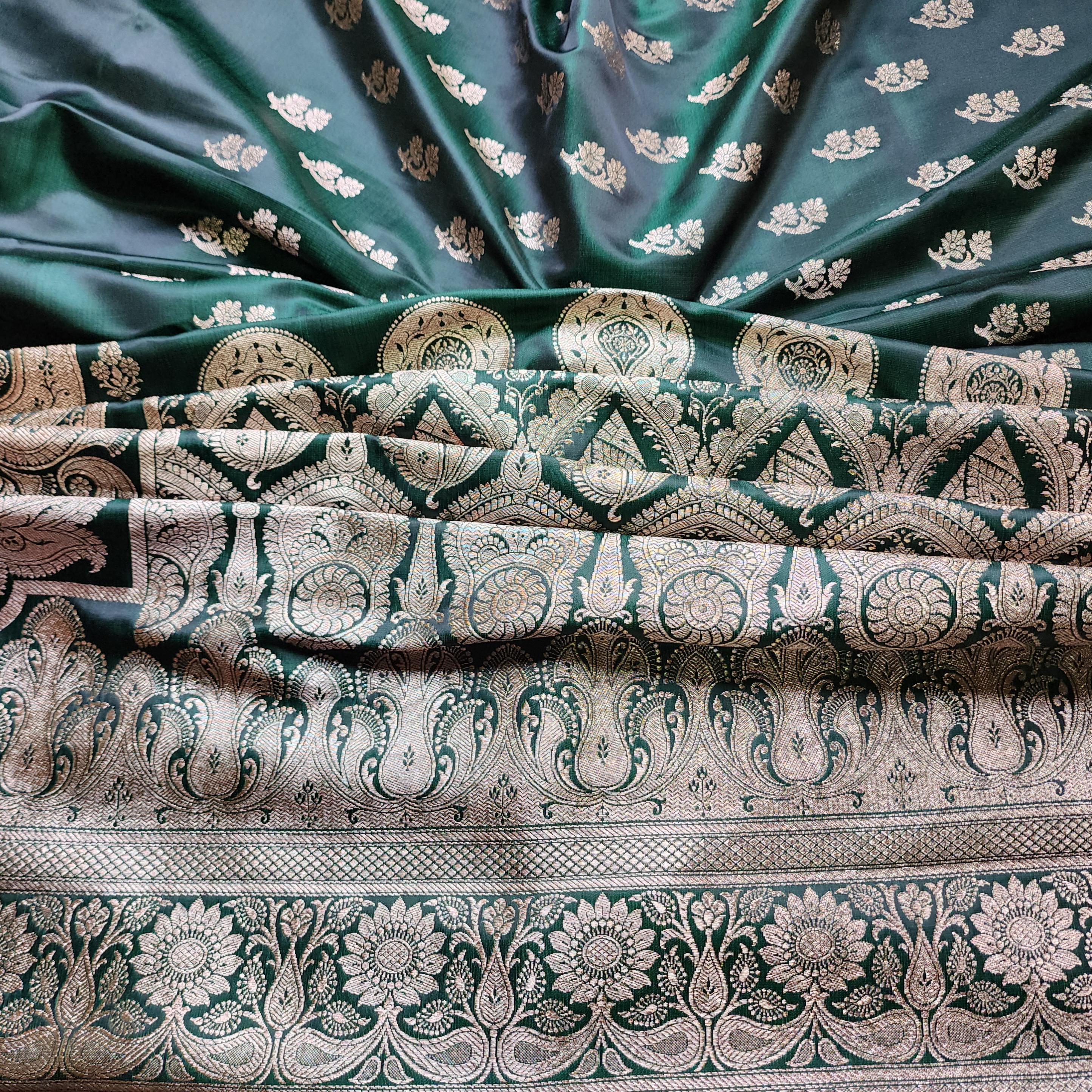 Deep Emerald Green Pure Banarasi Katan Silk Saree with light Gold Zari Weaving