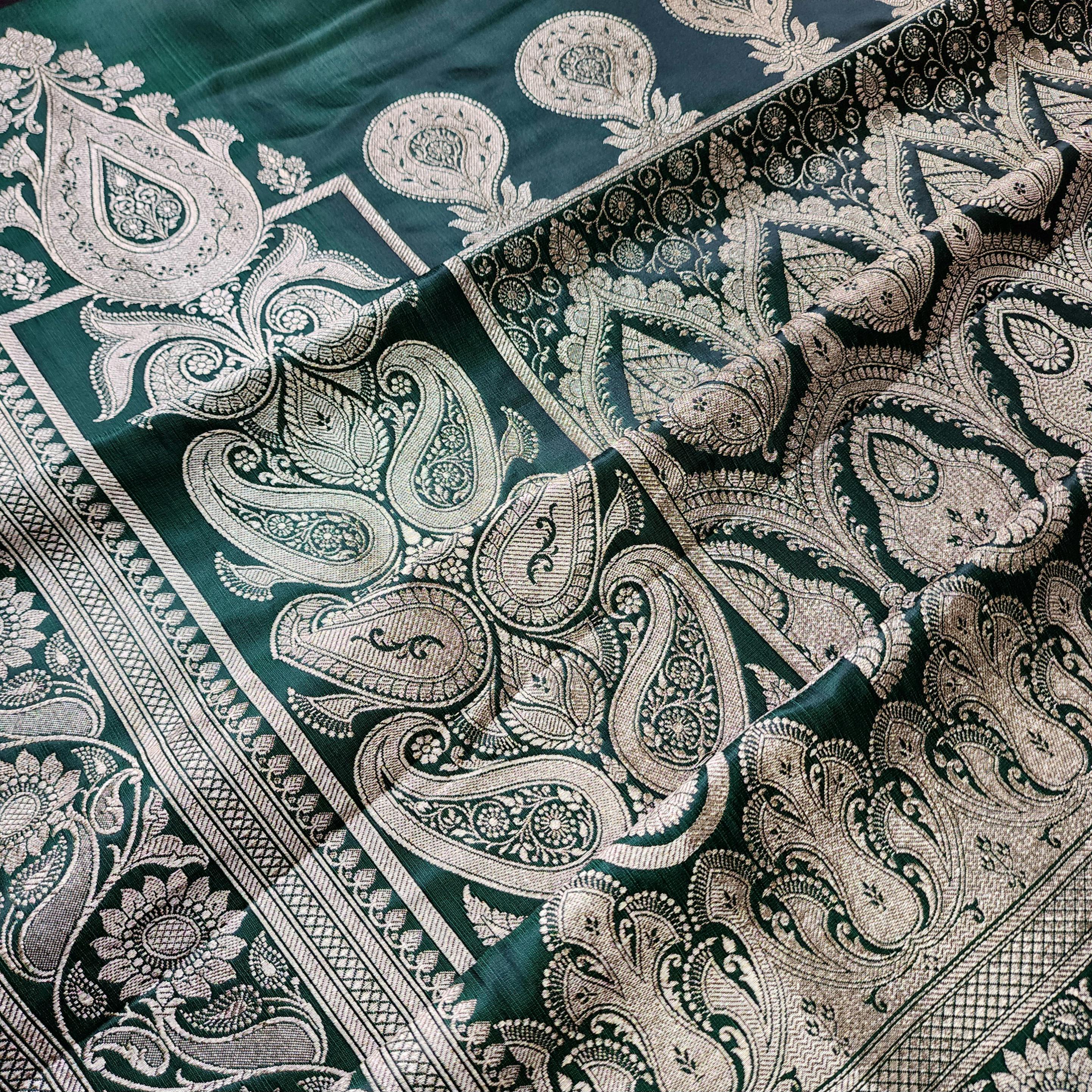 Deep Emerald Green Pure Banarasi Katan Silk Saree with light Gold Zari Weaving