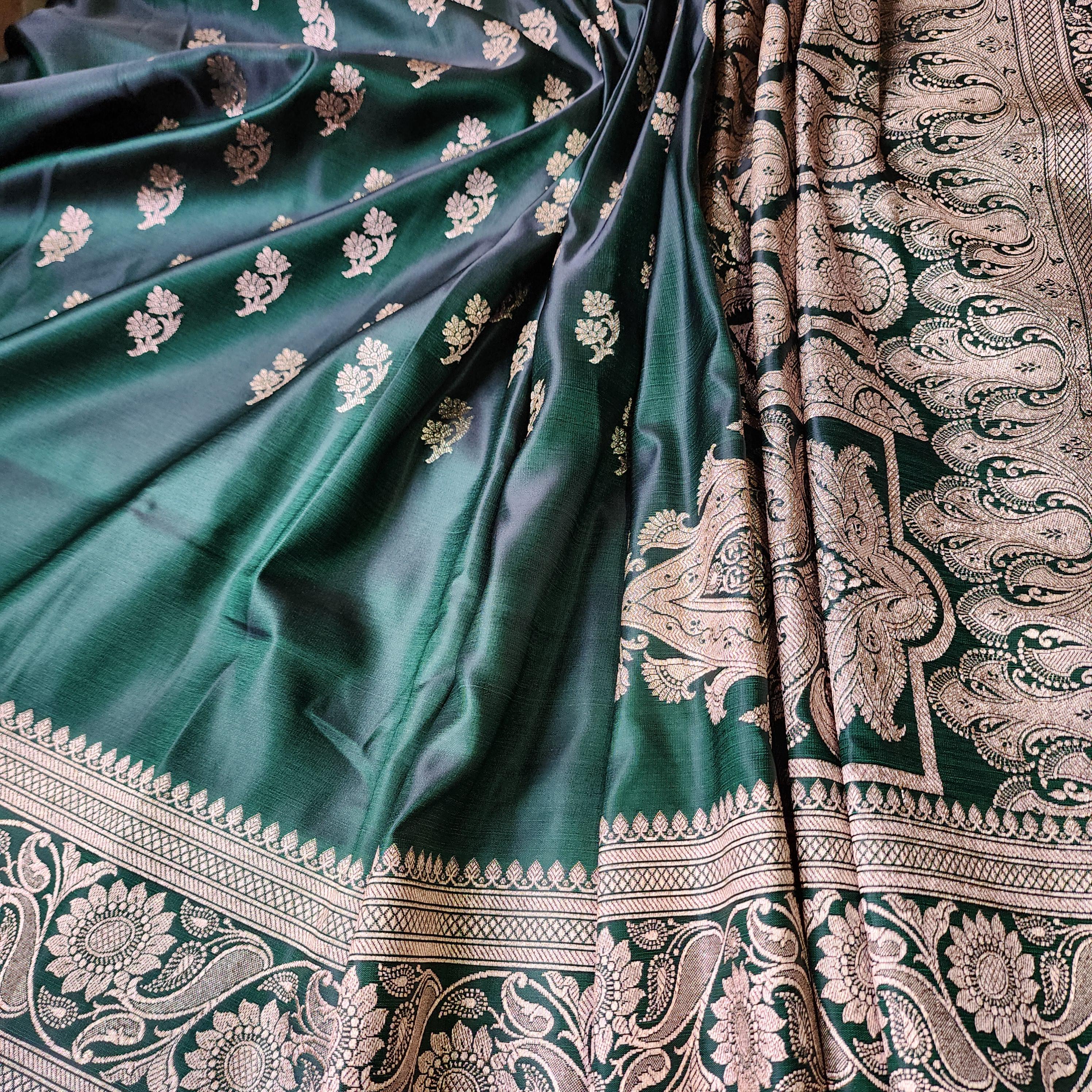 Deep Emerald Green Pure Banarasi Katan Silk Saree with light Gold Zari Weaving