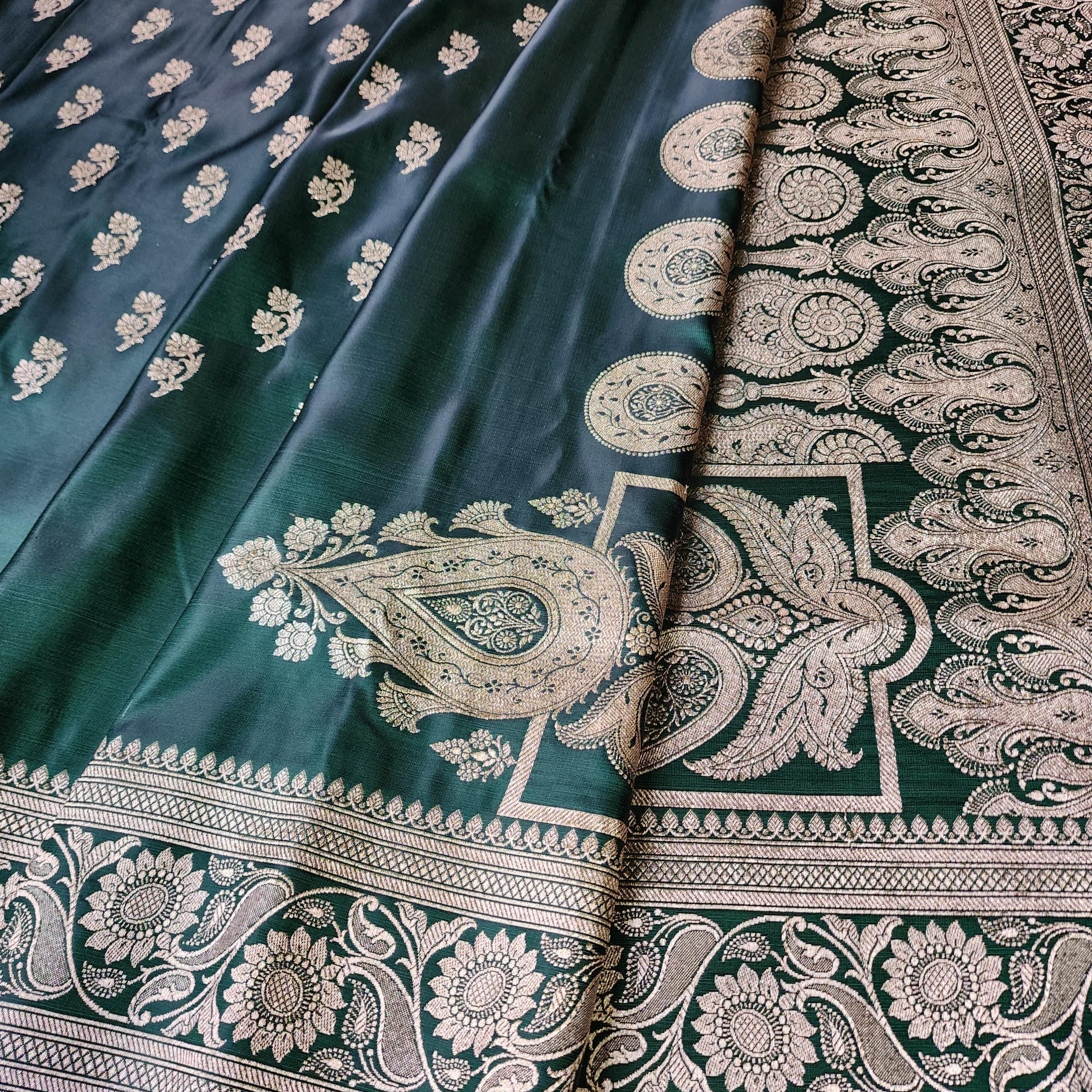 Deep Emerald Green Pure Banarasi Katan Silk Saree with light Gold Zari Weaving