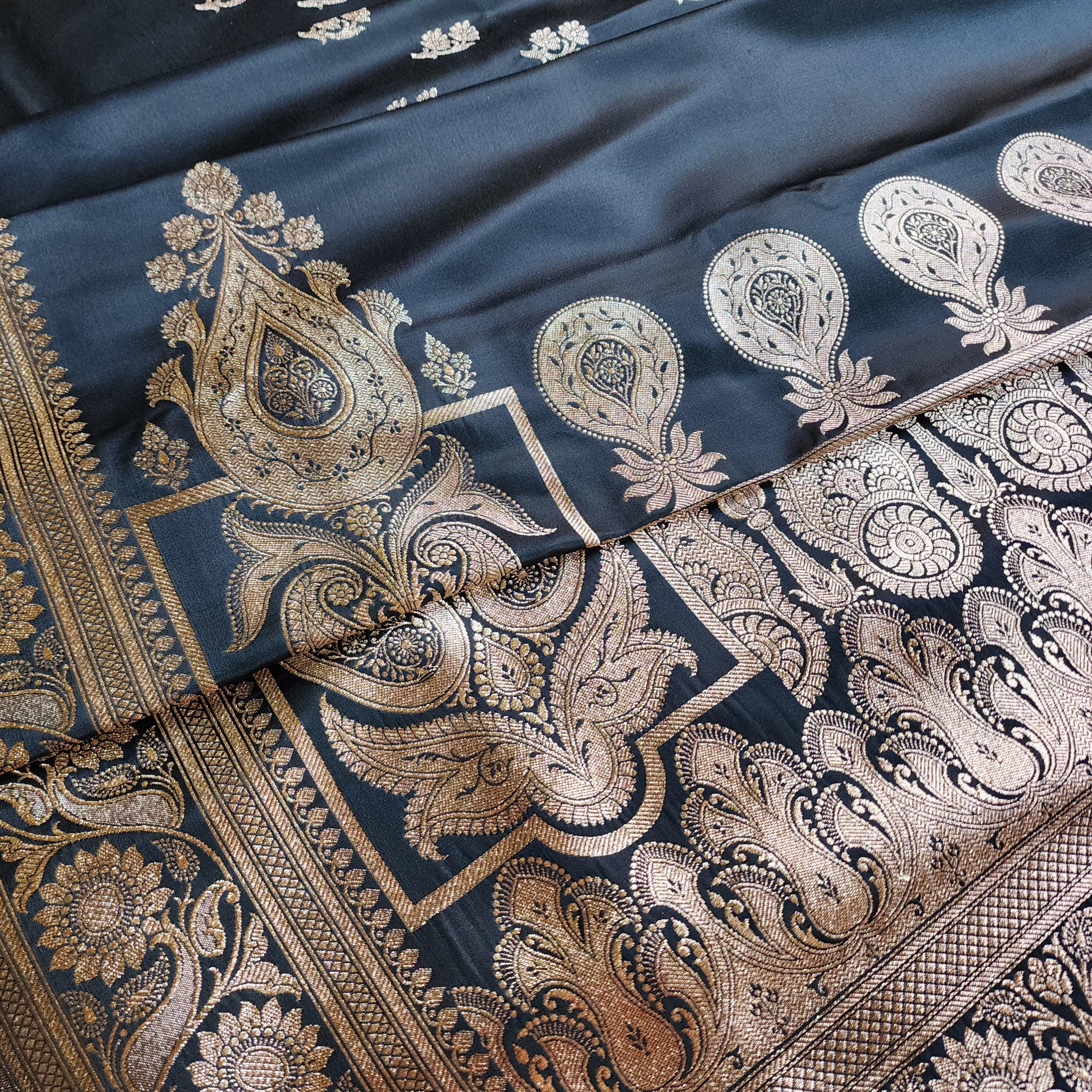 Mighty Black Pure Banarasi Katan Silk Saree with light Gold Zari Weaving