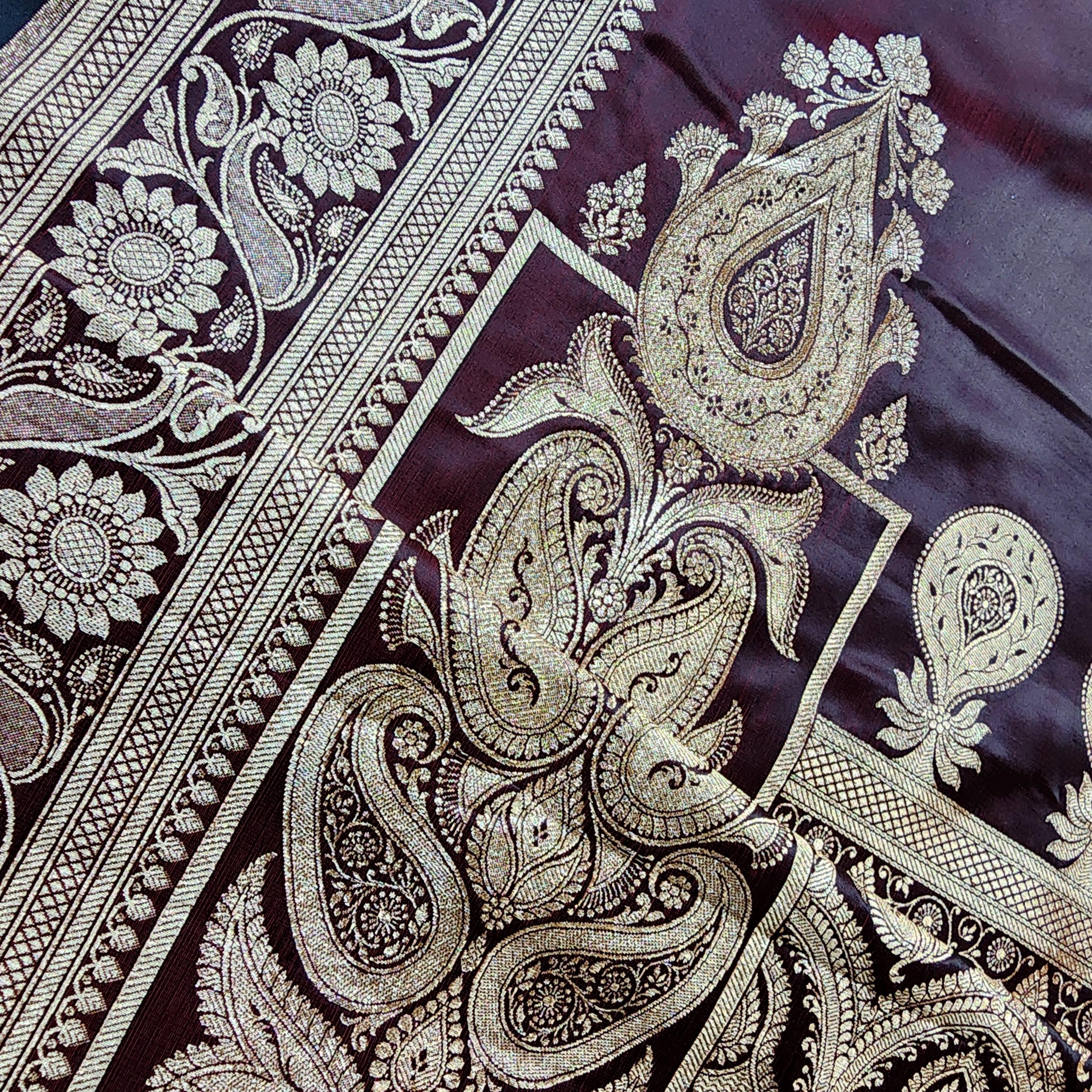 Coffee Brown Pure Banarasi Katan Silk Saree with light Gold Zari Weaving