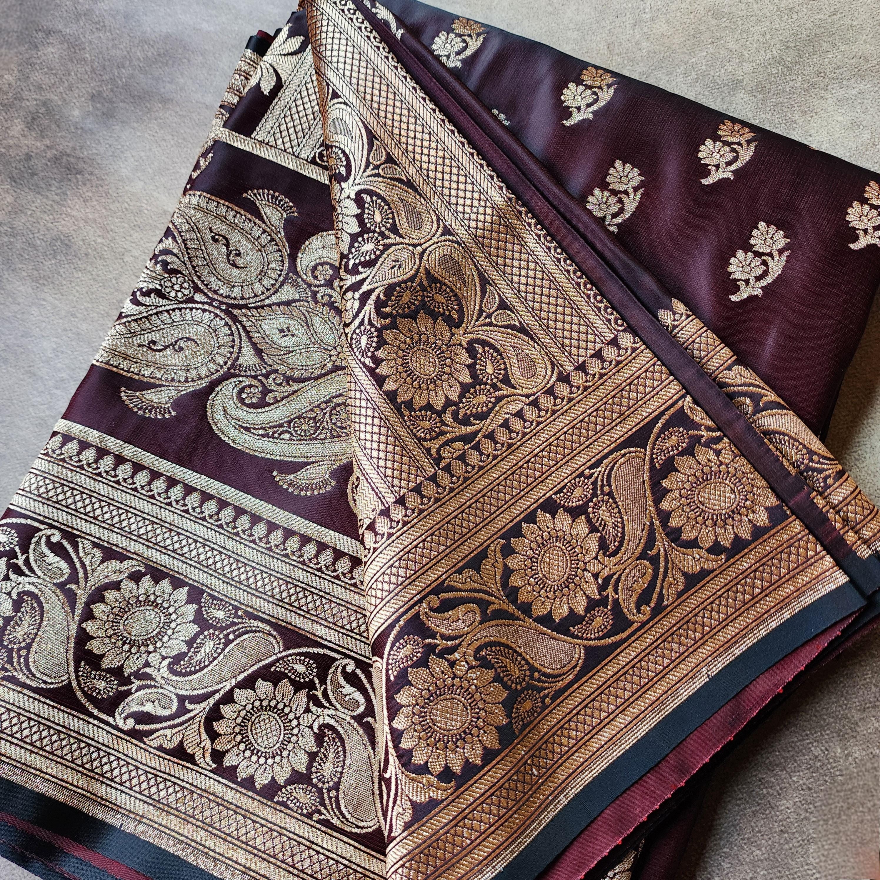 Coffee Brown Pure Banarasi Katan Silk Saree with light Gold Zari Weaving