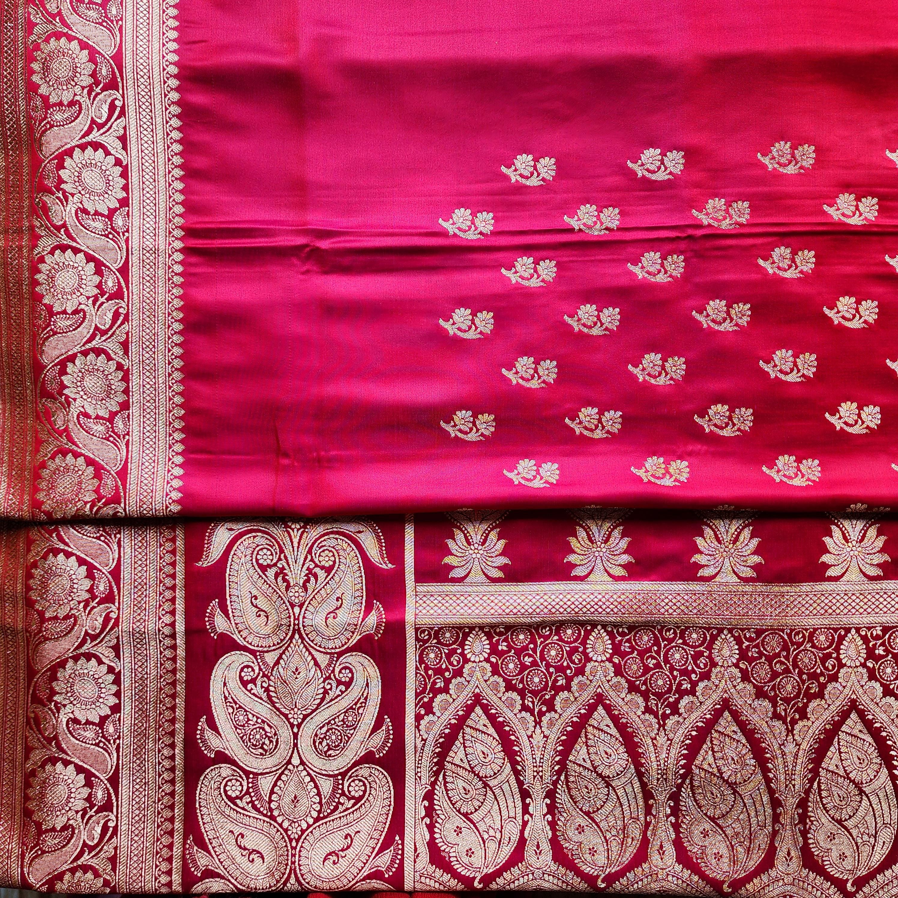 Bright Red Pure Banarasi Katan Silk Saree with light Gold Zari Weaving