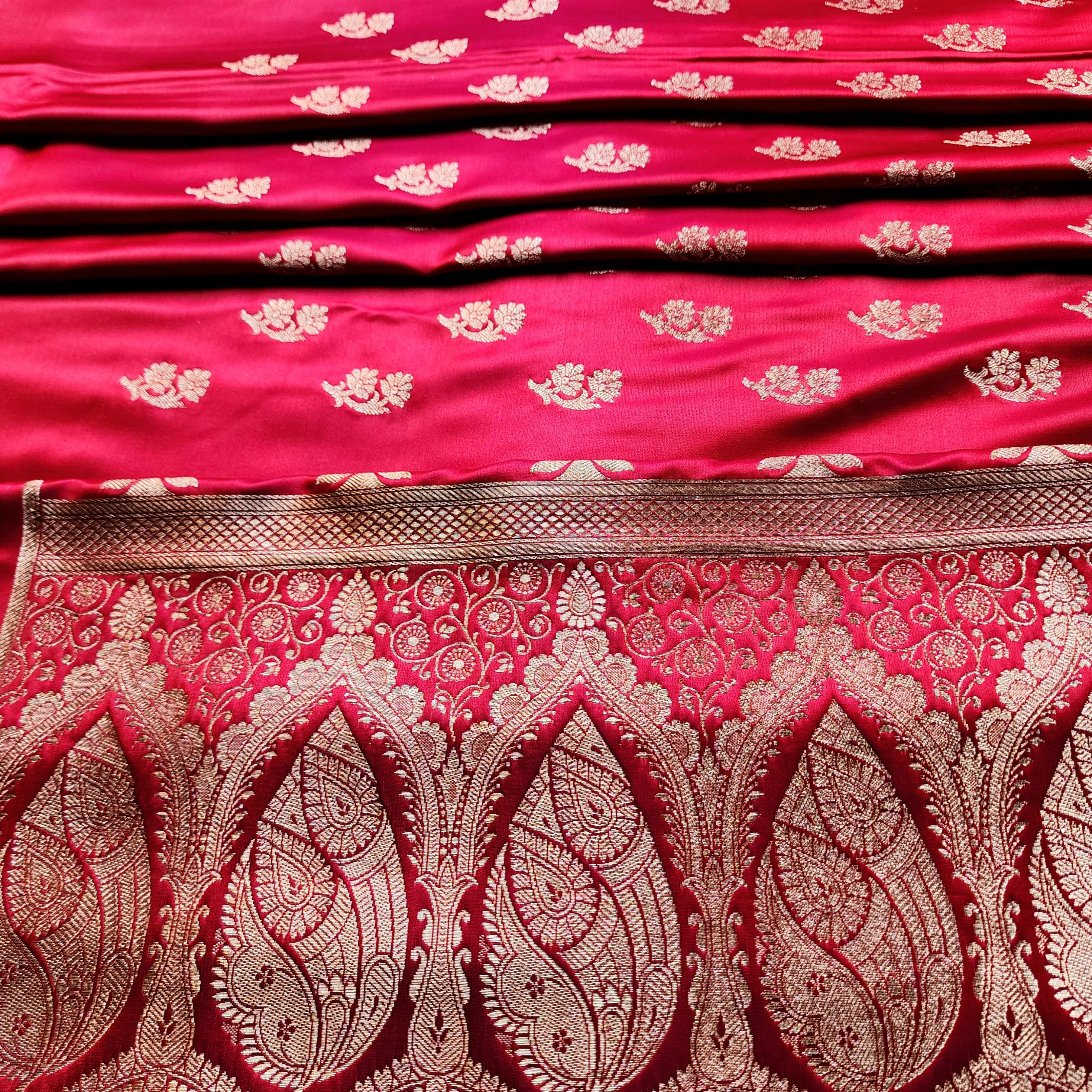 Bright Red Pure Banarasi Katan Silk Saree with light Gold Zari Weaving