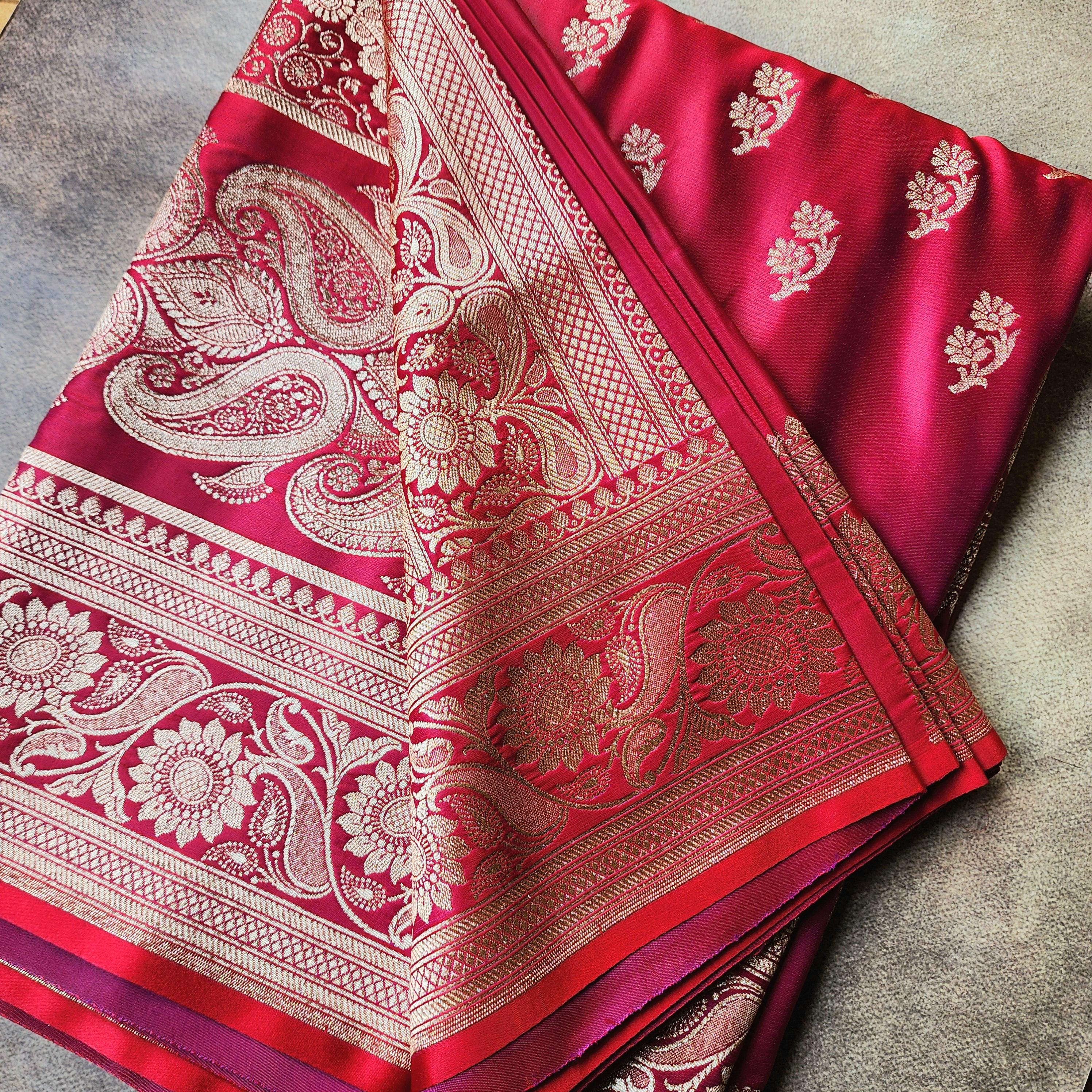 Bright Red Pure Banarasi Katan Silk Saree with light Gold Zari Weaving