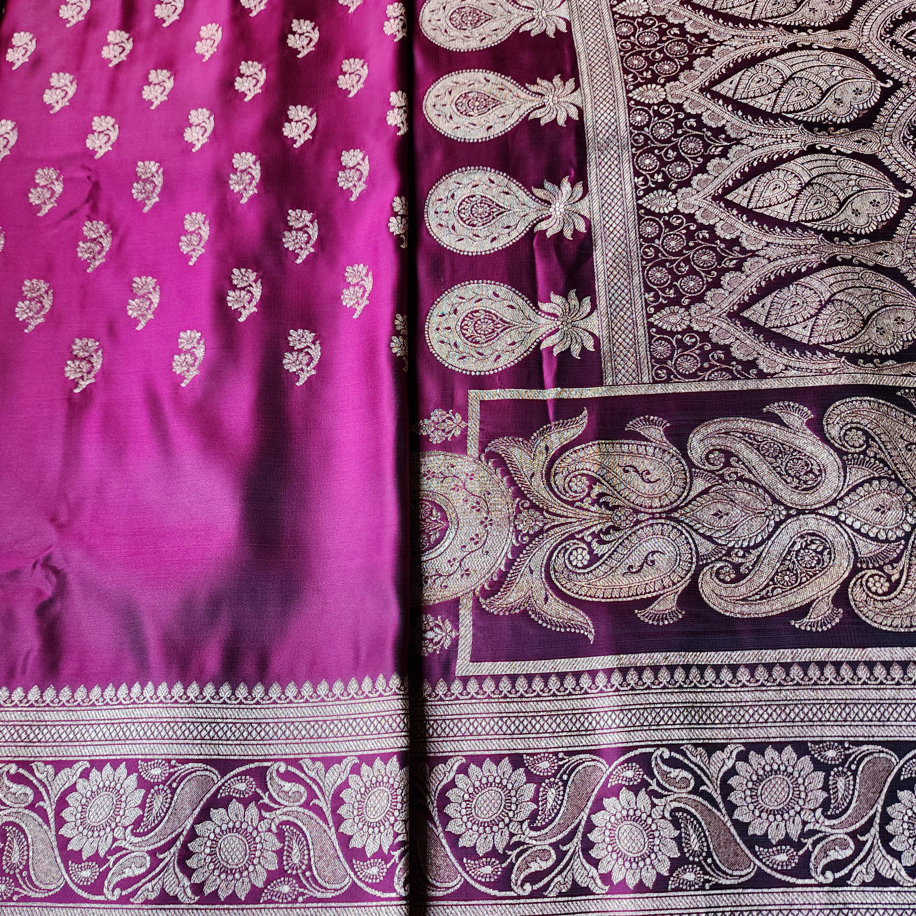 Hot Pink Pure Banarasi Katan Silk Saree with light Gold Zari Weaving