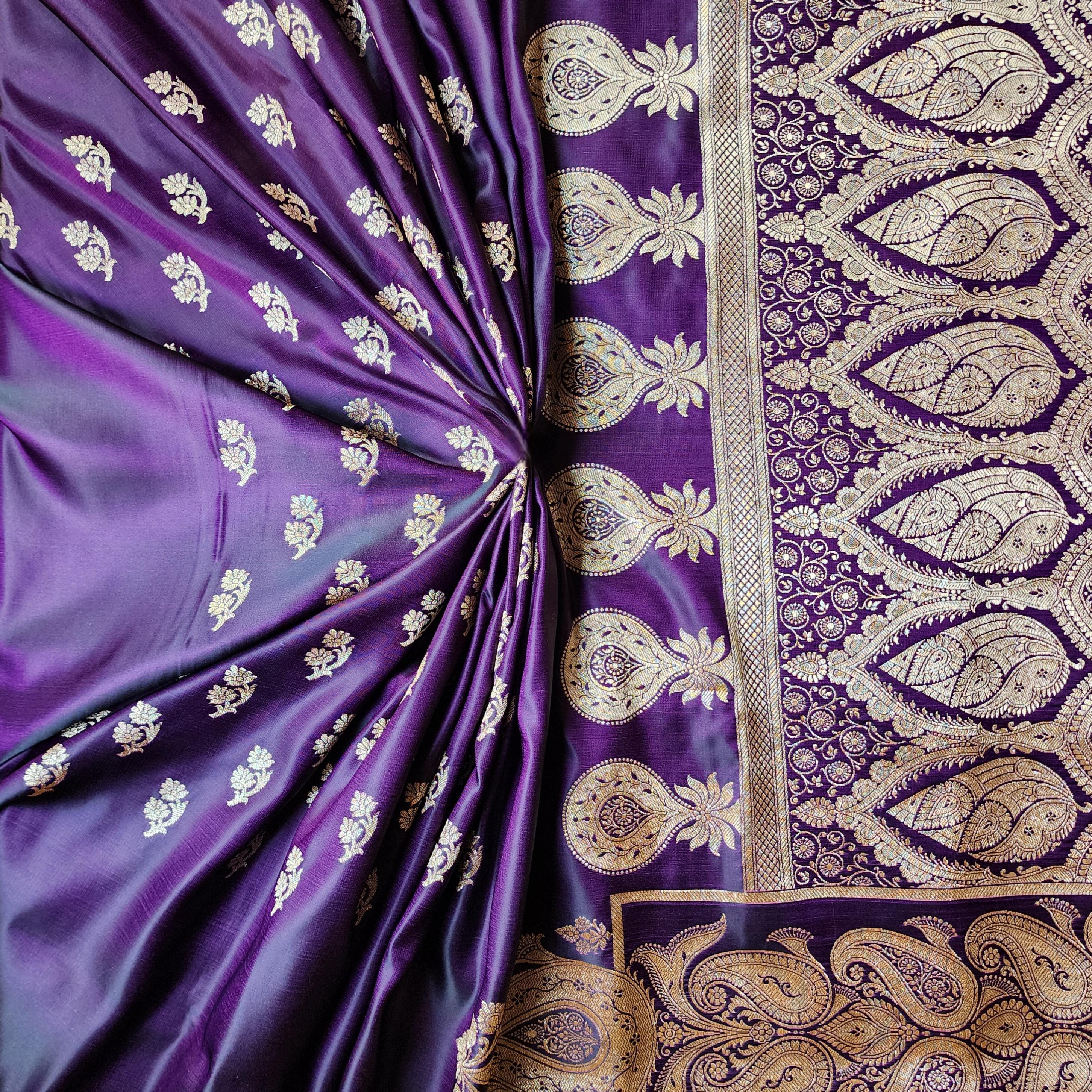Plum Purple Pure Banarasi Katan Silk Saree with light Gold Zari Weaving