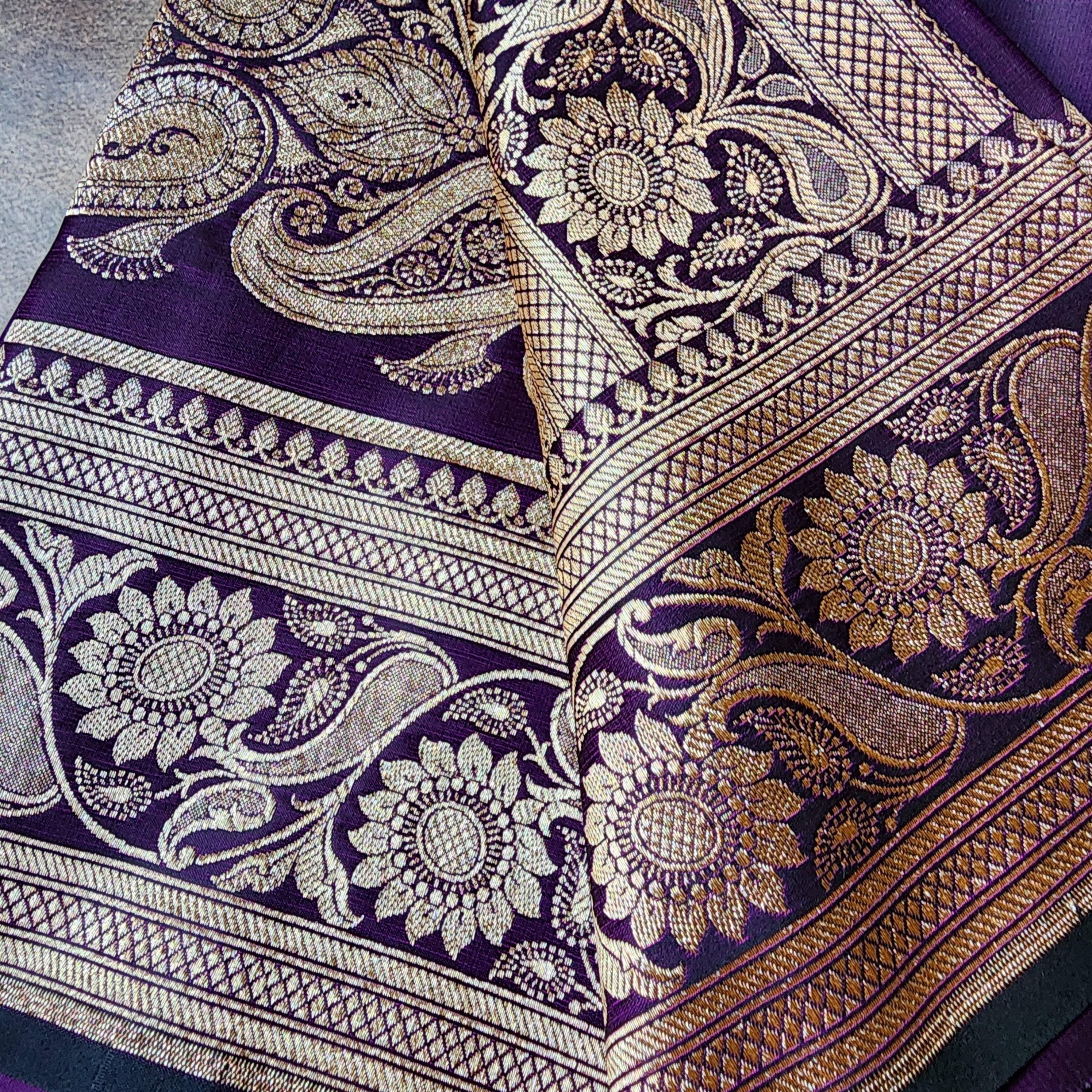 Plum Purple Pure Banarasi Katan Silk Saree with light Gold Zari Weaving