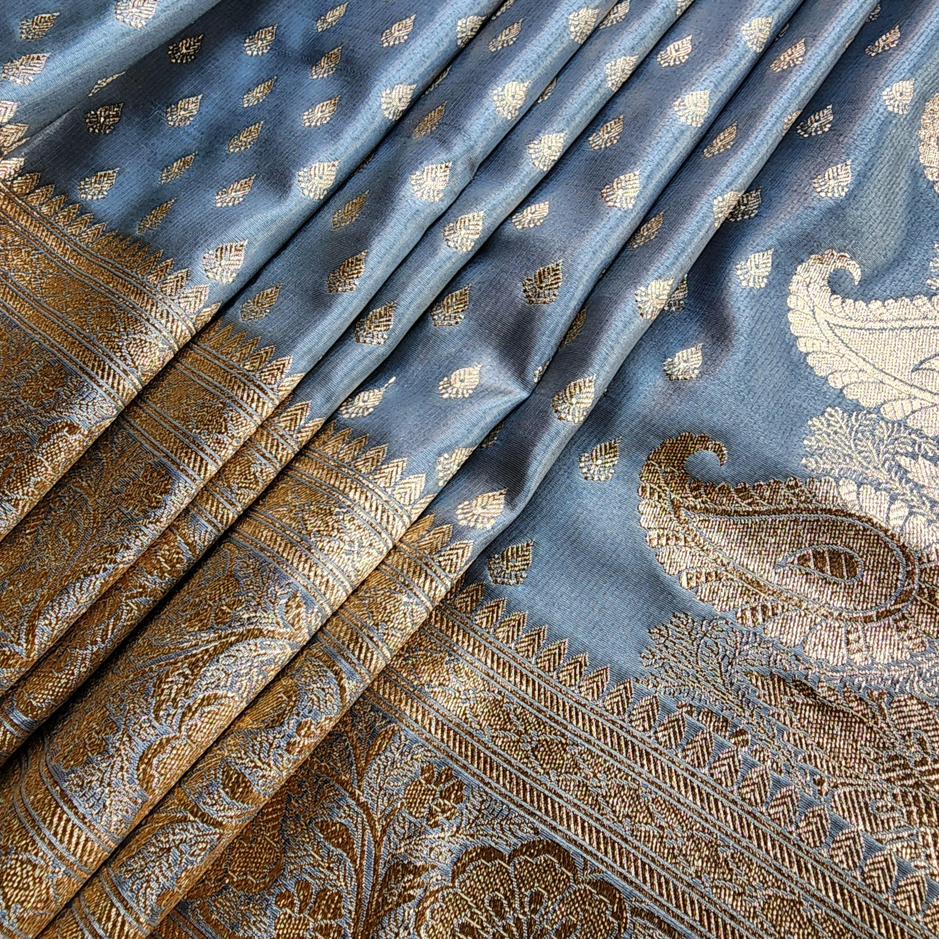 Rich Silver Blue Banarasi Silk Saree with Gold Zari Weaving