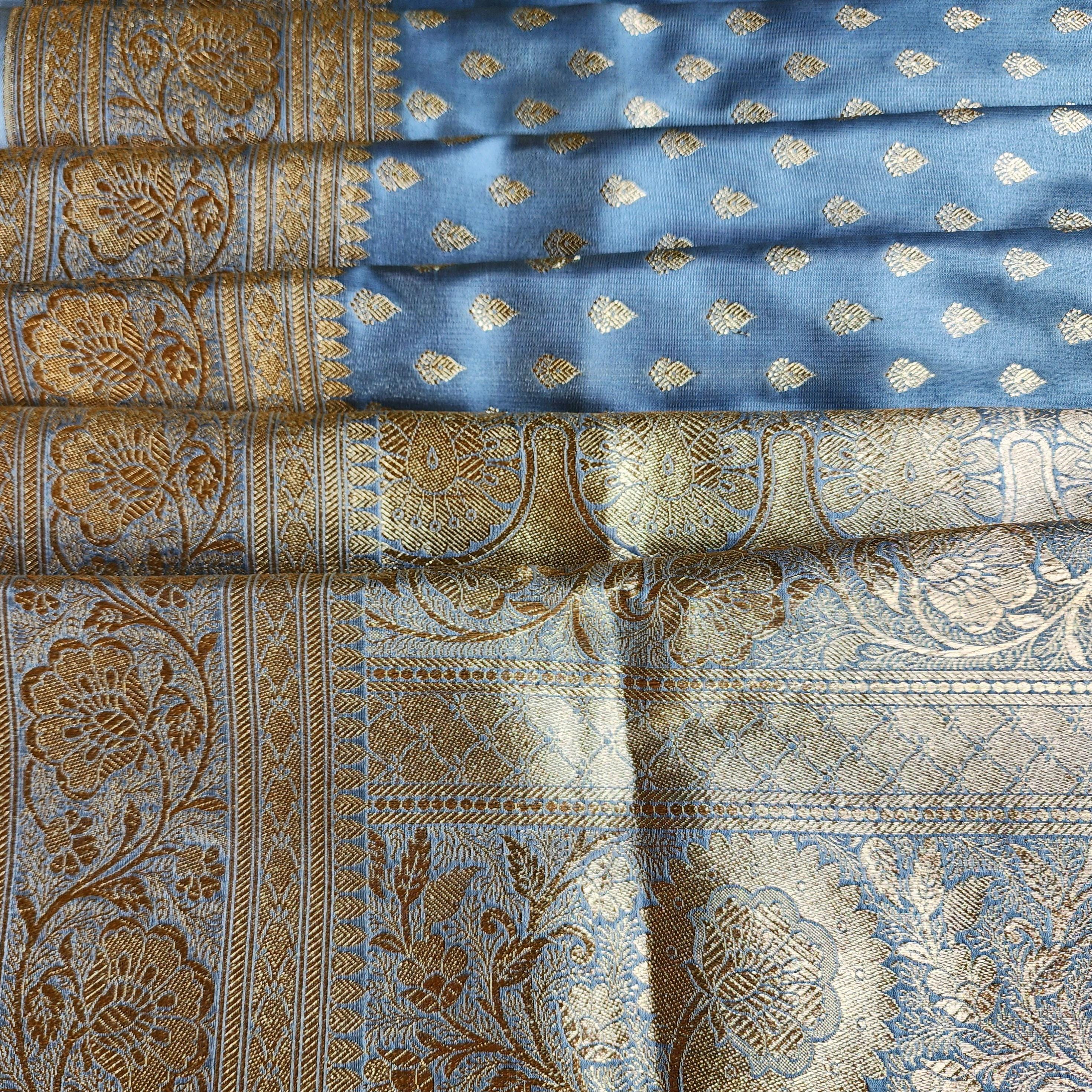 Rich Silver Blue Banarasi Silk Saree with Gold Zari Weaving